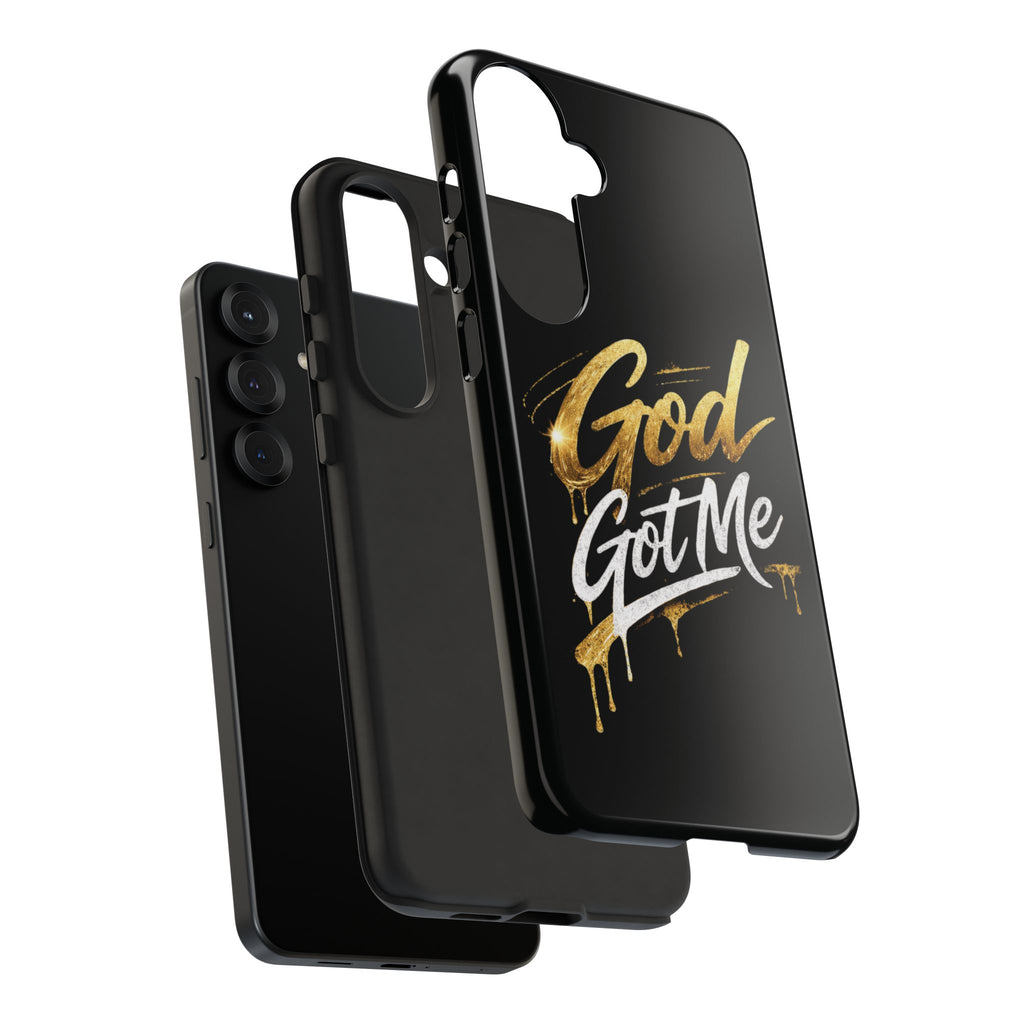 God Got Me phone case | Script gold drip typography on black