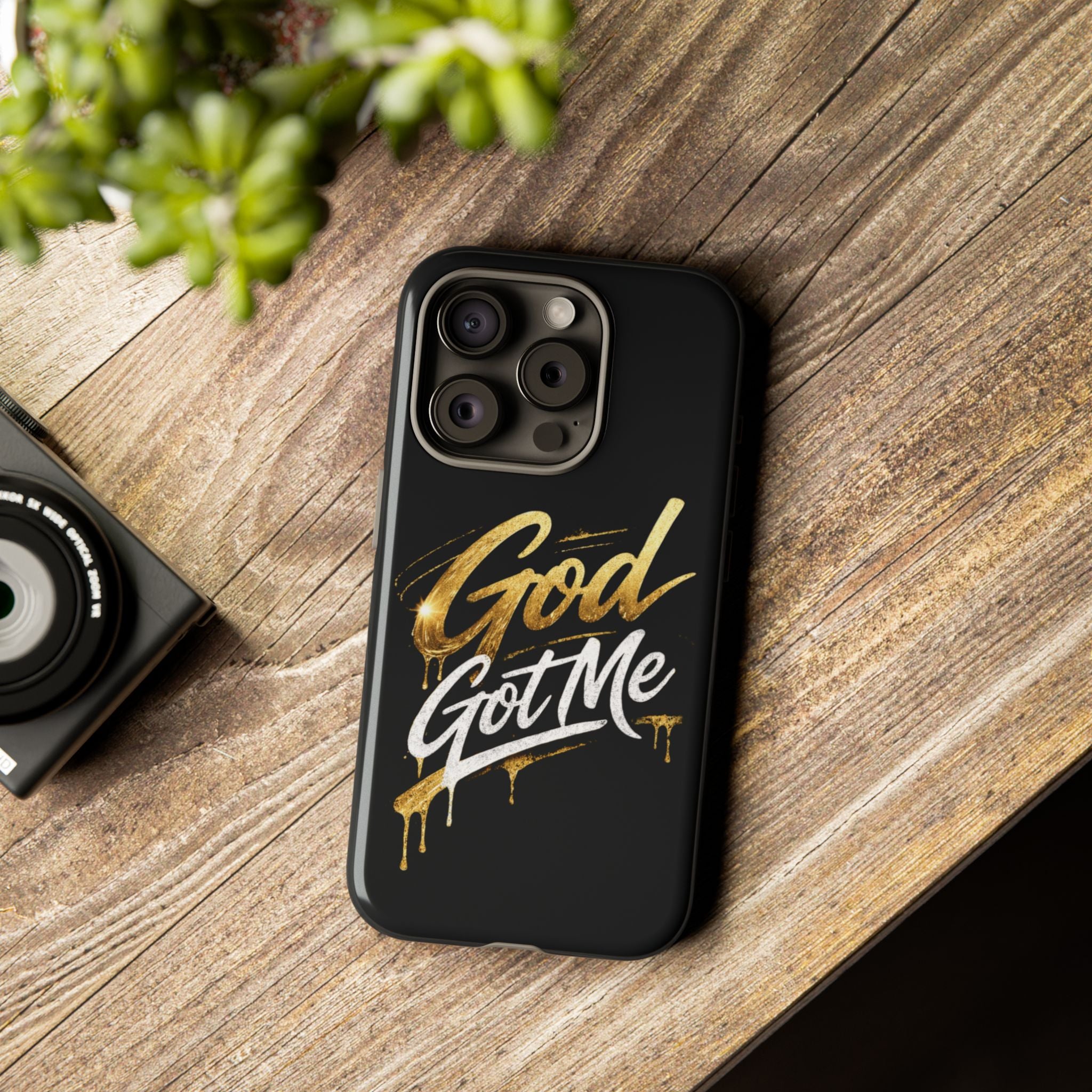 God Got Me phone case | Script gold drip typography on black