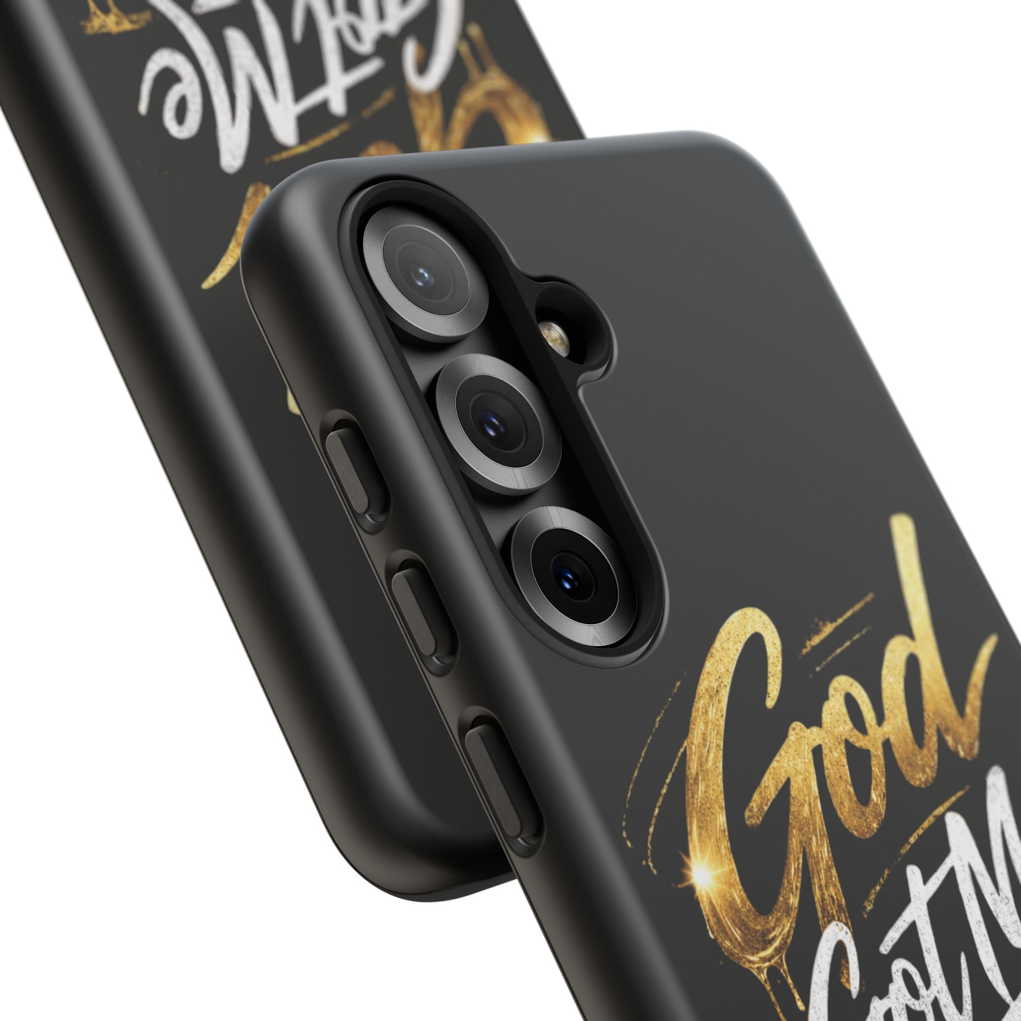 God Got Me phone case | Script gold drip typography on black