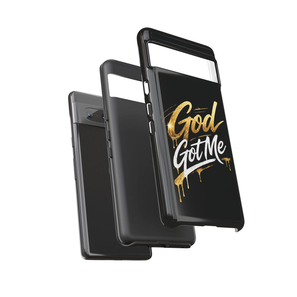 God Got Me phone case | Script gold drip typography on black