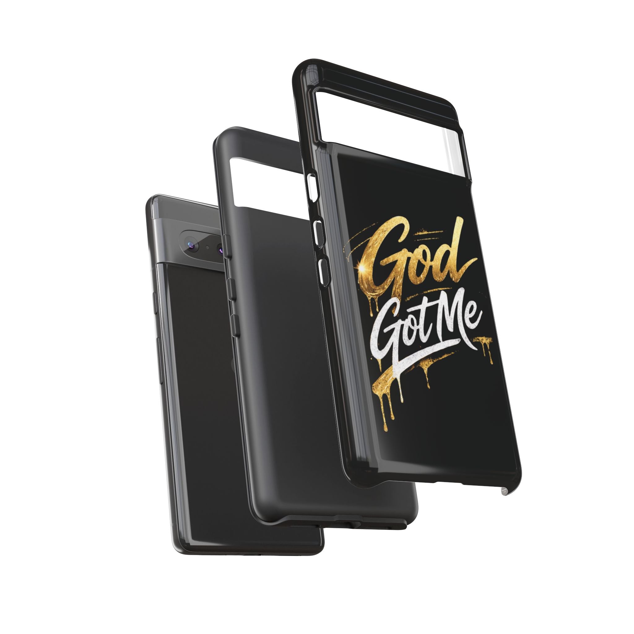 God Got Me phone case | Script gold drip typography on black