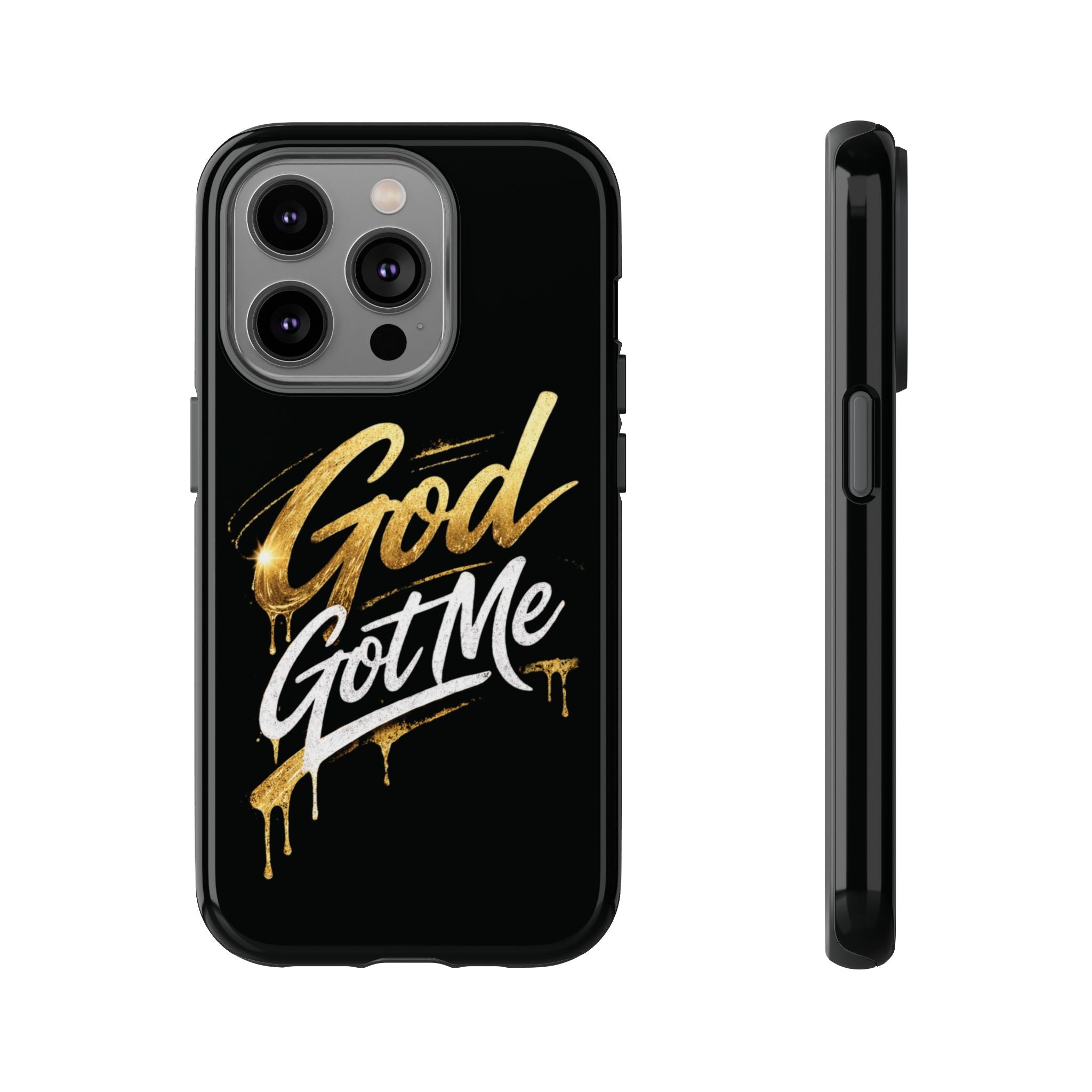 God Got Me phone case | Script gold drip typography on black