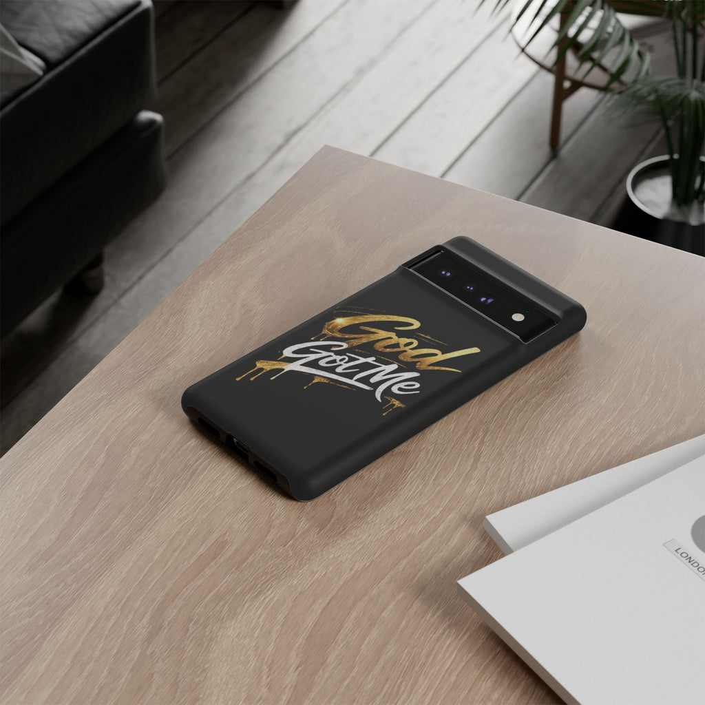 God Got Me phone case | Script gold drip typography on black