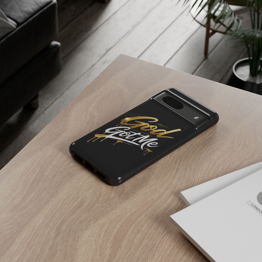 God Got Me phone case | Script gold drip typography on black