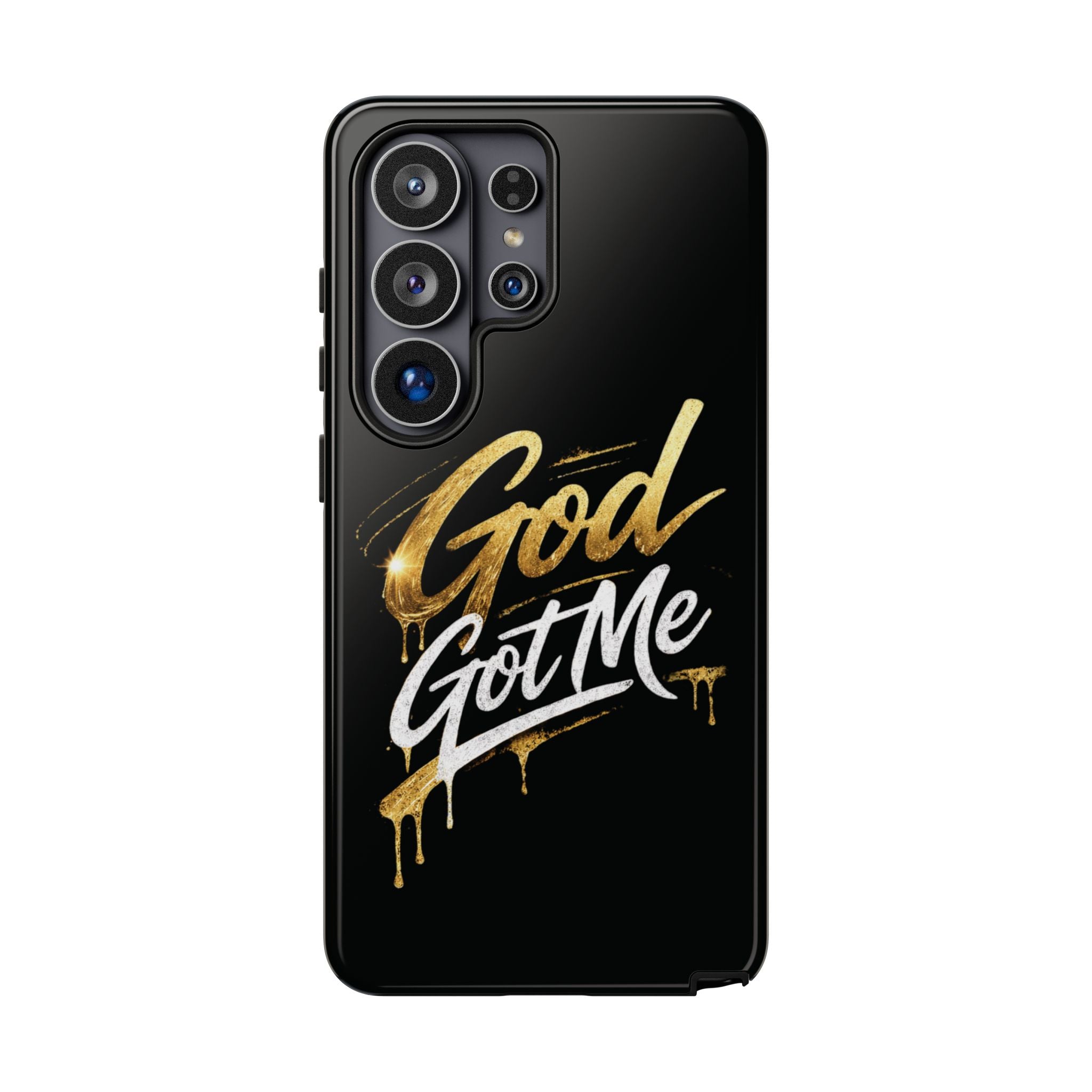 God Got Me phone case | Script gold drip typography on black