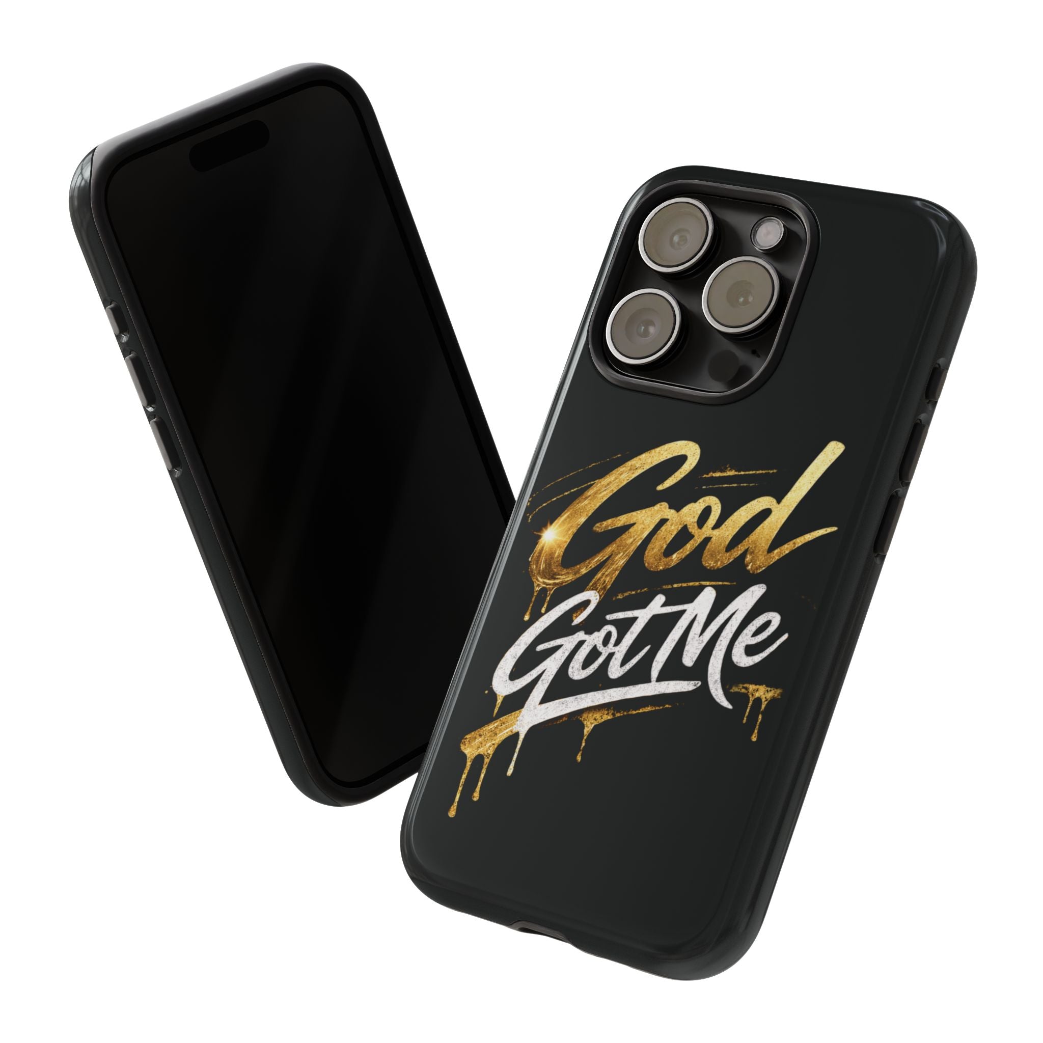 God Got Me phone case | Script gold drip typography on black