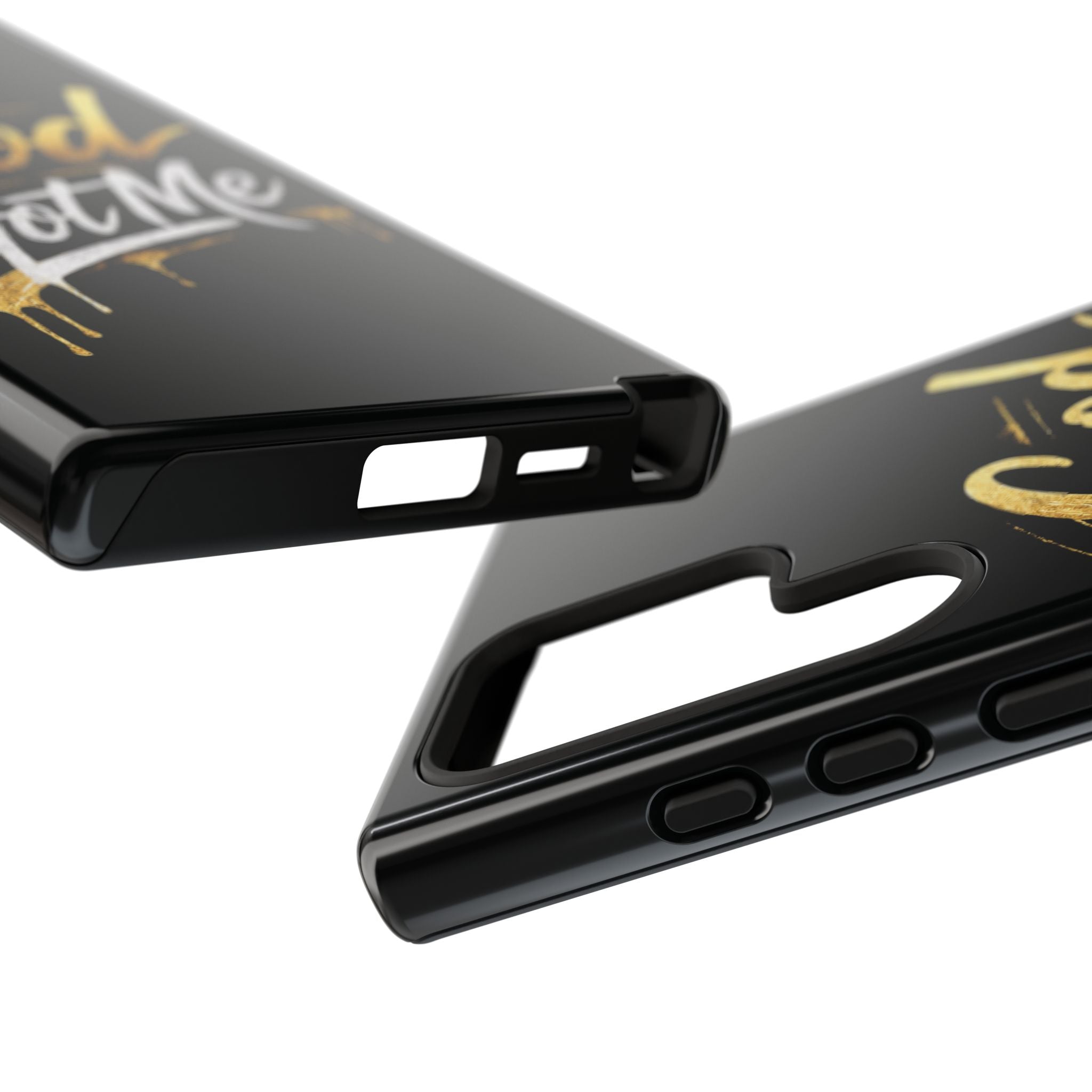 God Got Me phone case | Script gold drip typography on black
