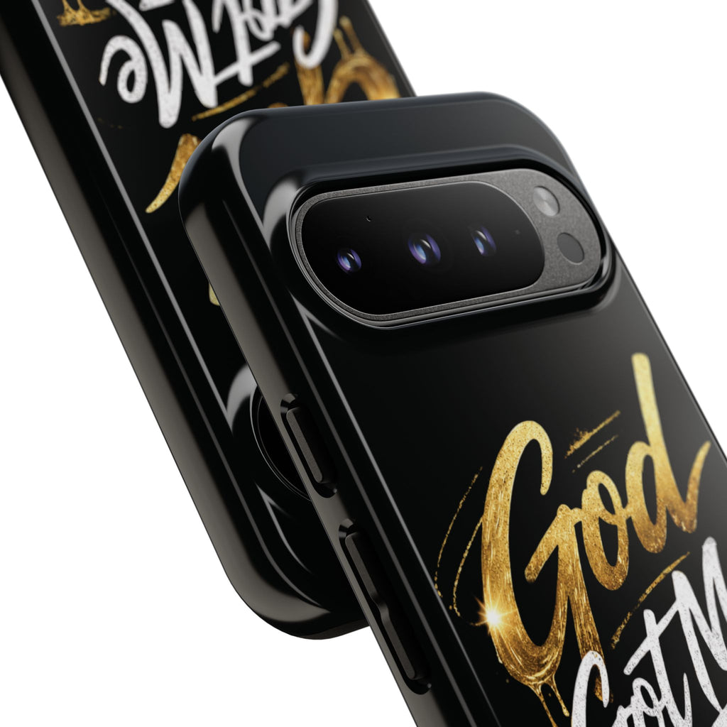 God Got Me phone case | Script gold drip typography on black