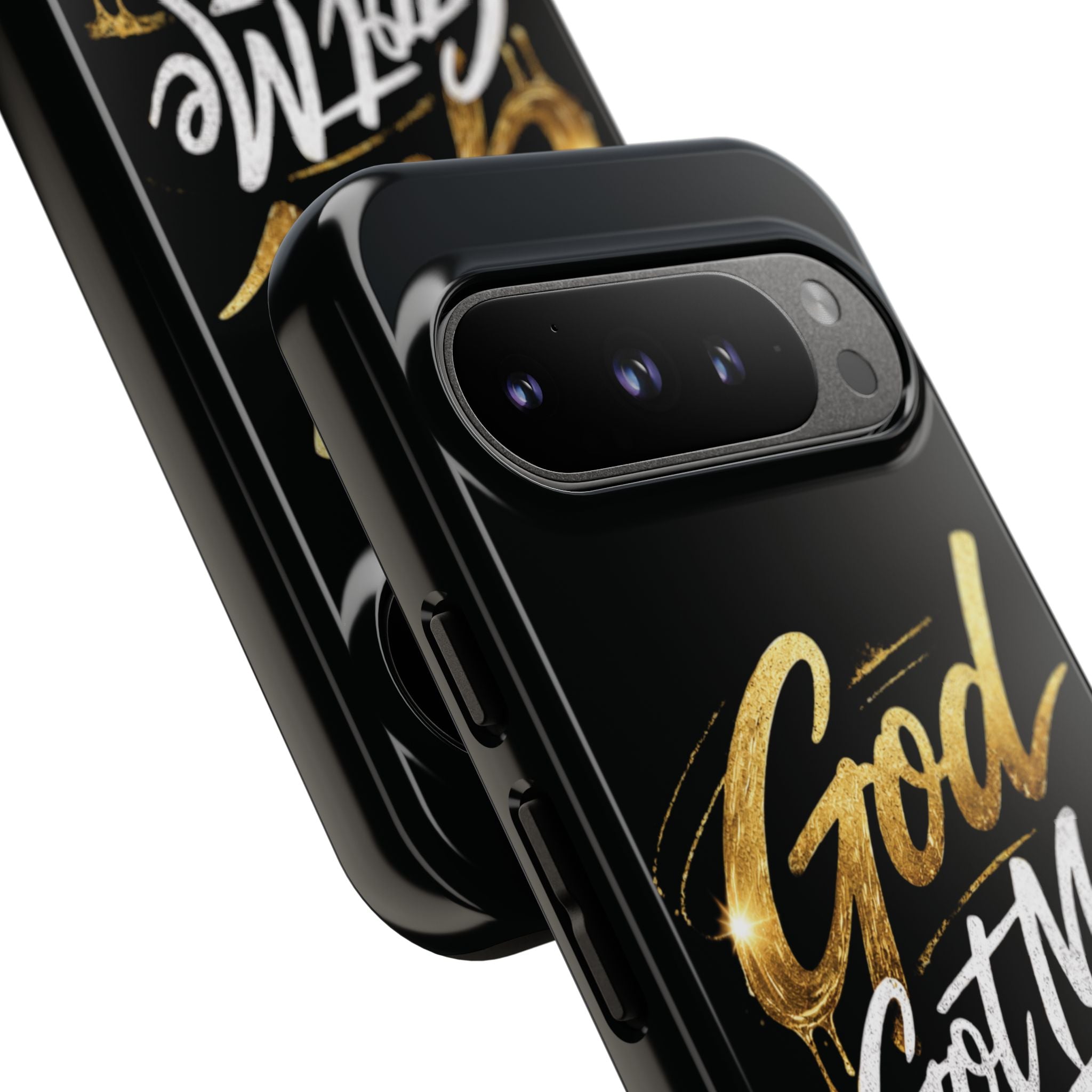 God Got Me phone case | Script gold drip typography on black
