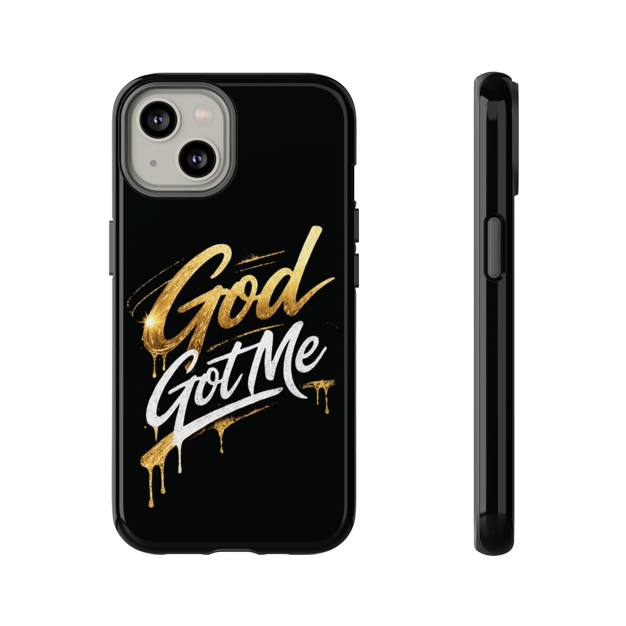 God Got Me phone case | Script gold drip typography on black