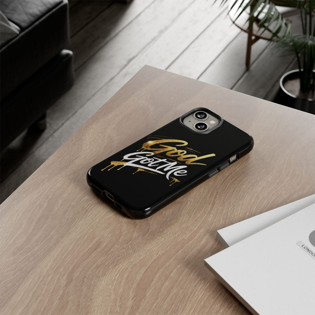 God Got Me phone case | Script gold drip typography on black