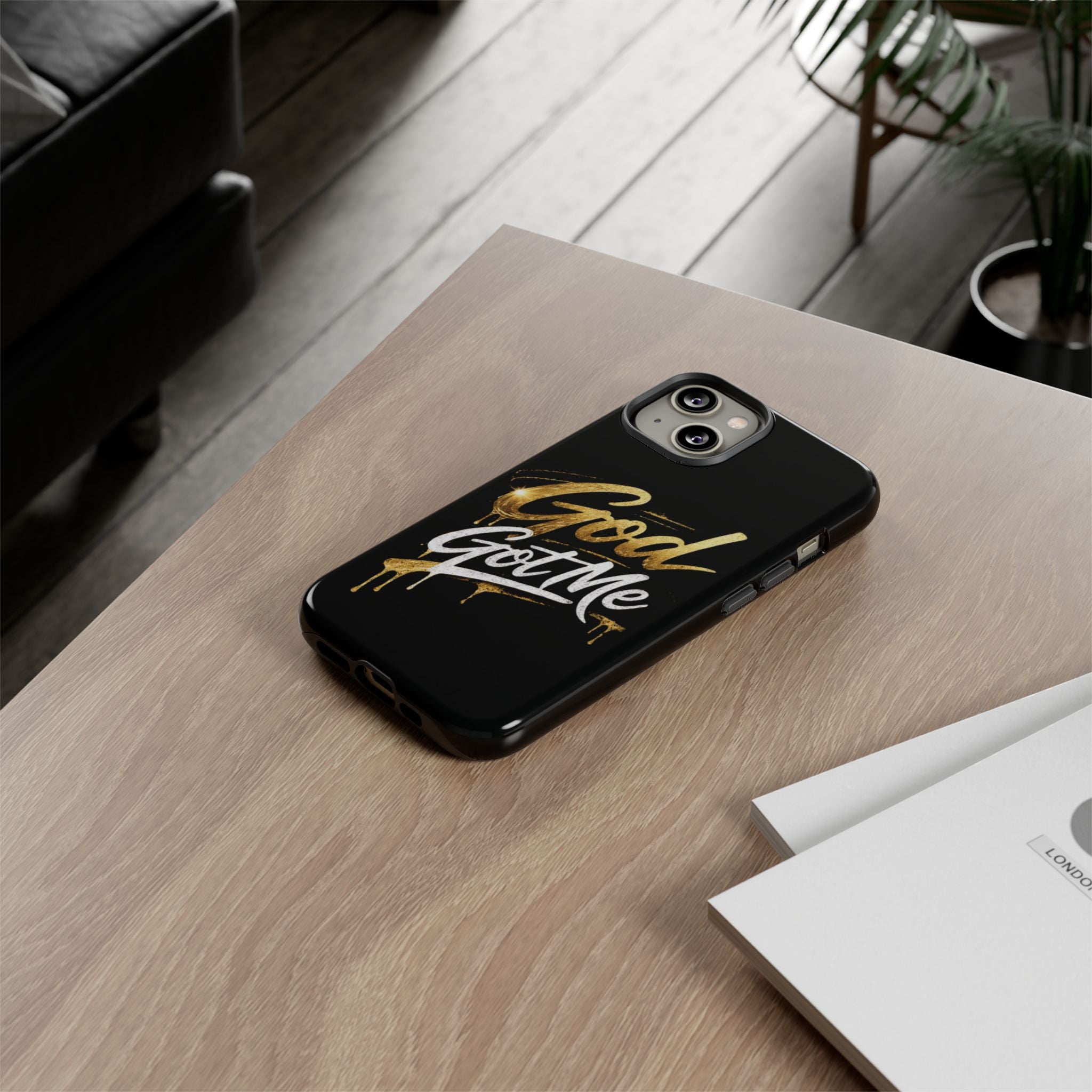 God Got Me phone case | Script gold drip typography on black