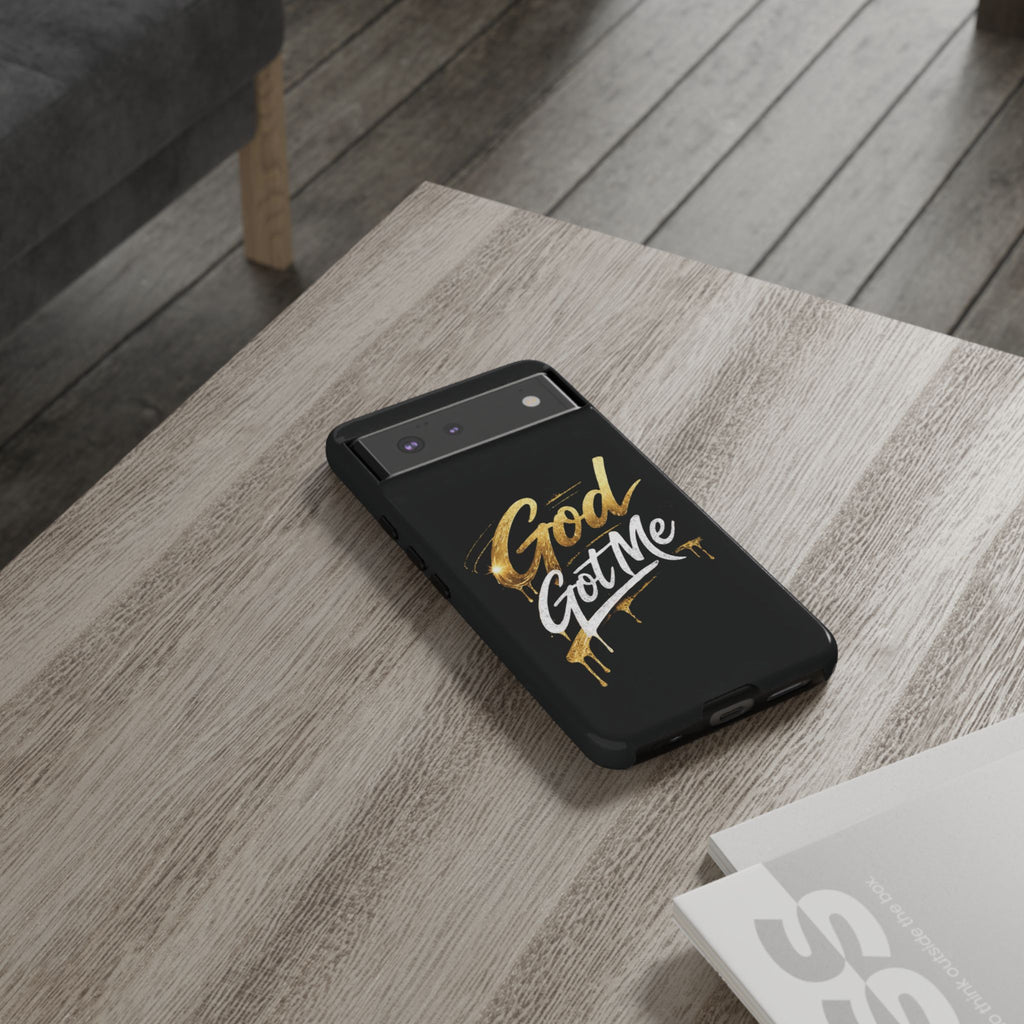 God Got Me phone case | Script gold drip typography on black