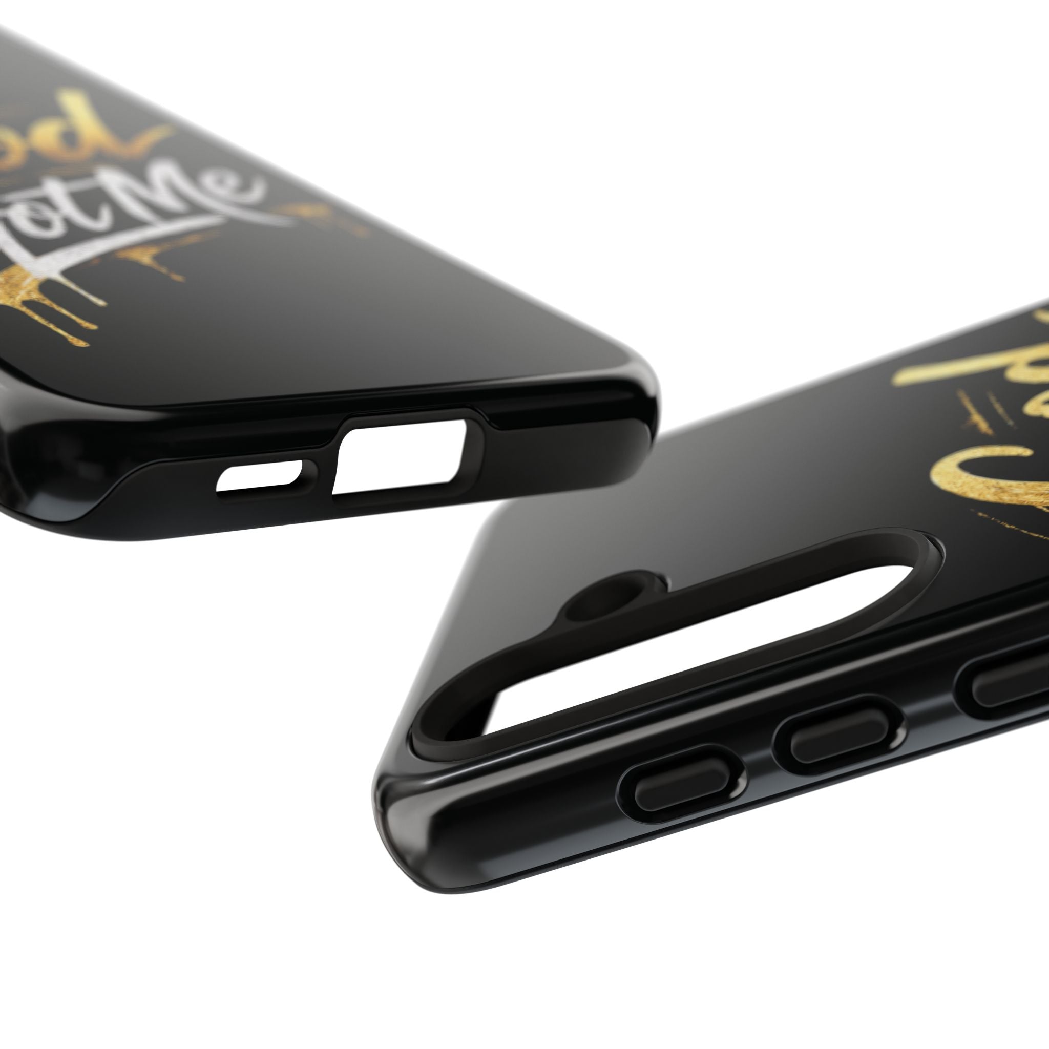 God Got Me phone case | Script gold drip typography on black