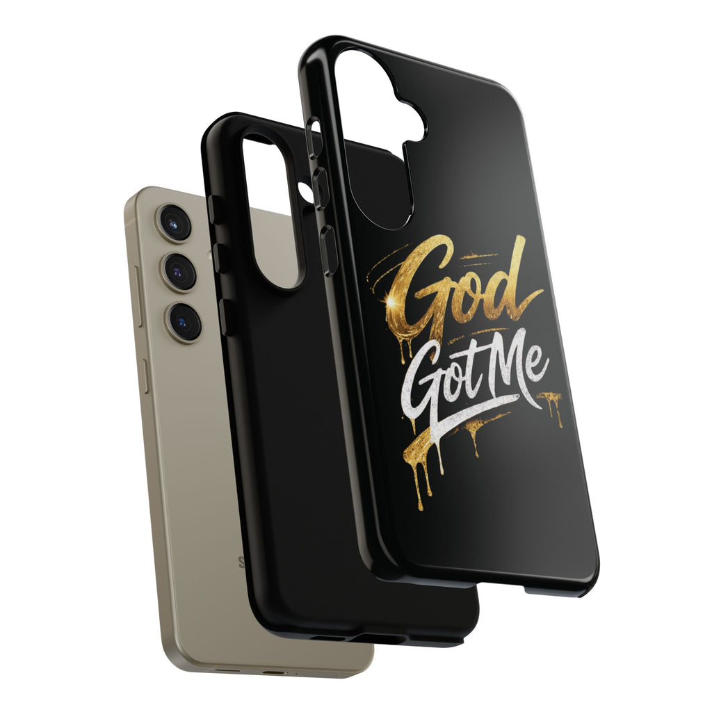 God Got Me phone case | Script gold drip typography on black