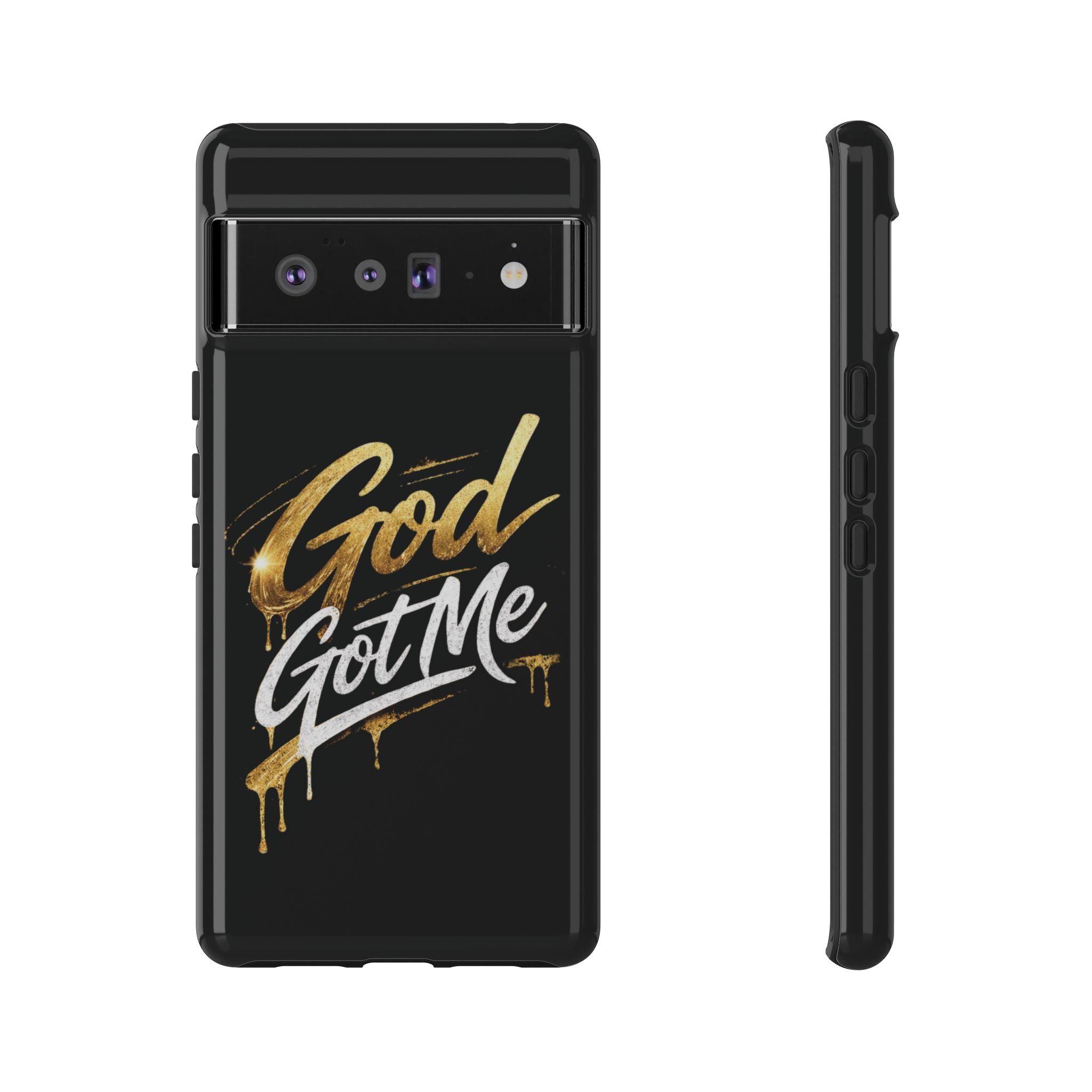 God Got Me phone case | Script gold drip typography on black