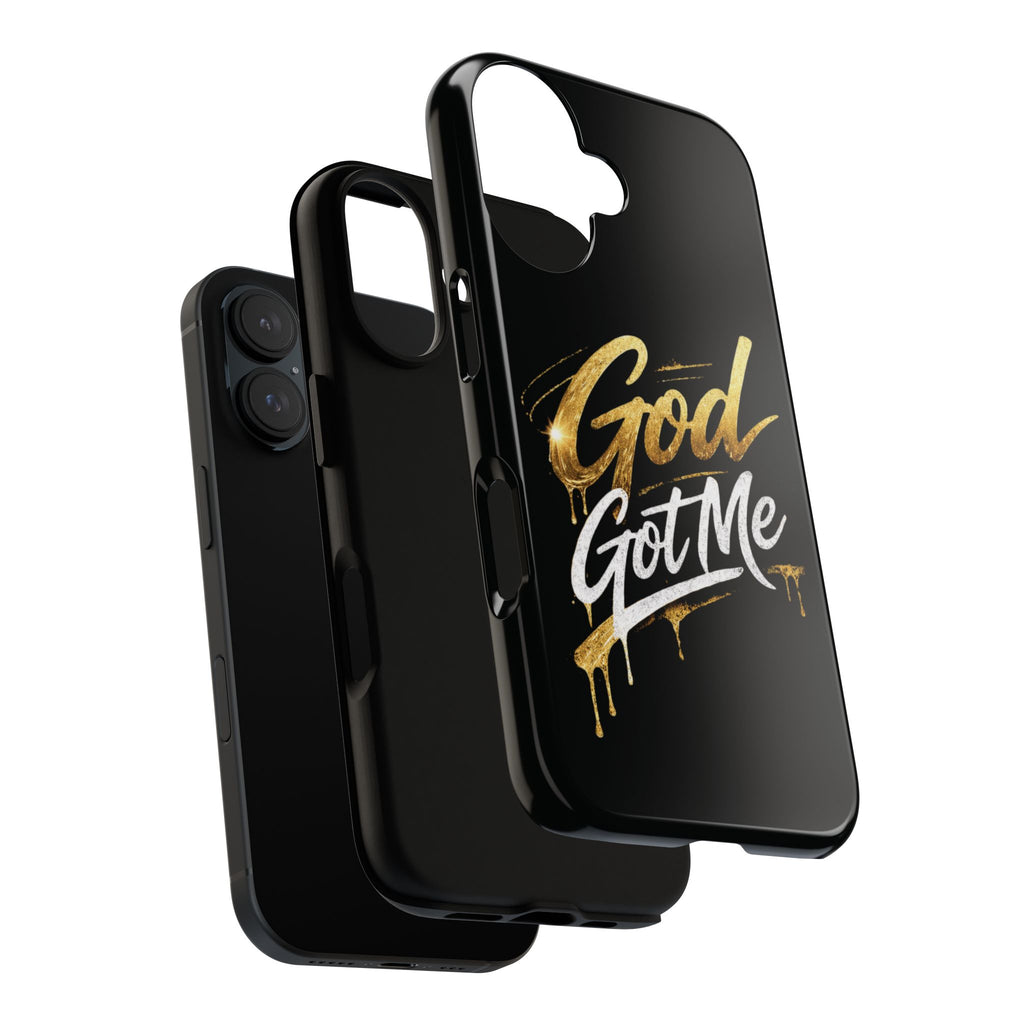 God Got Me phone case | Script gold drip typography on black
