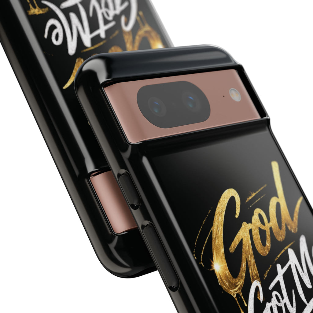 God Got Me phone case | Script gold drip typography on black