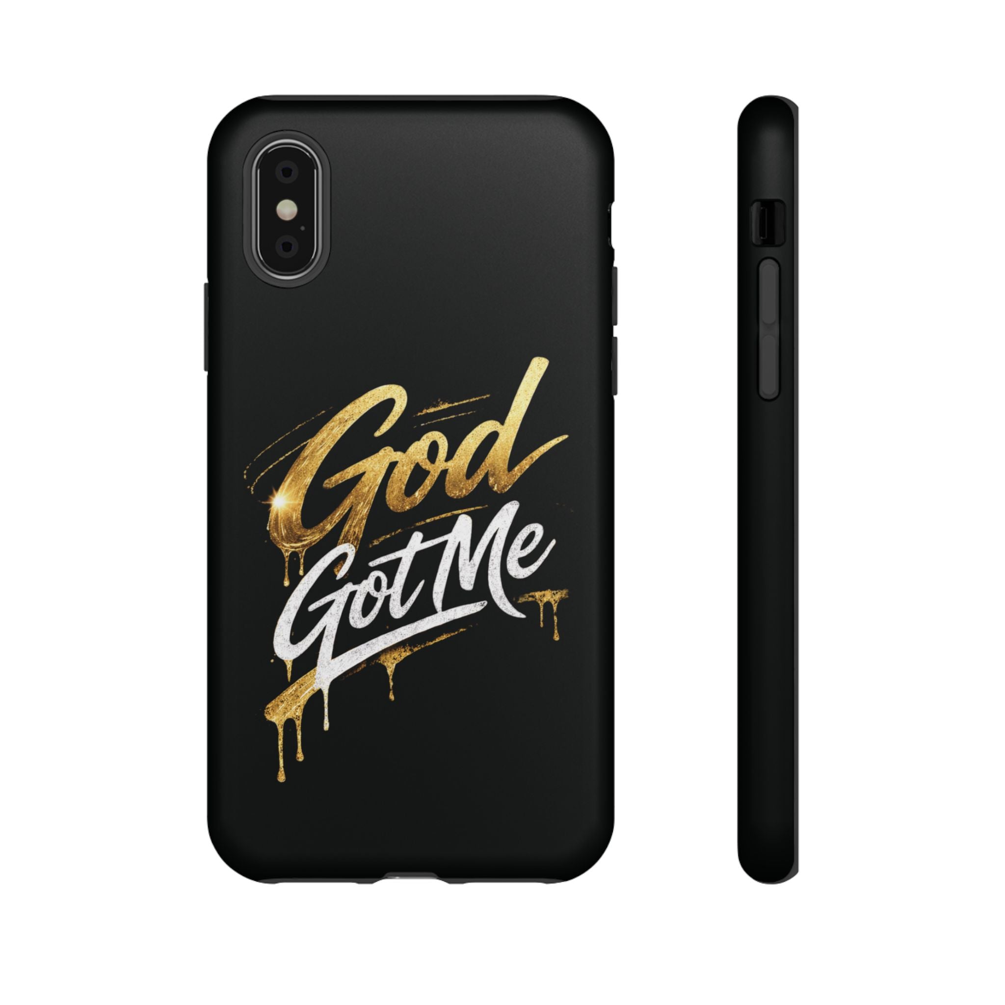 God Got Me phone case | Script gold drip typography on black