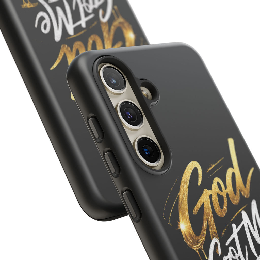 God Got Me phone case | Script gold drip typography on black