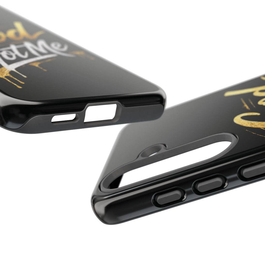 God Got Me phone case | Script gold drip typography on black