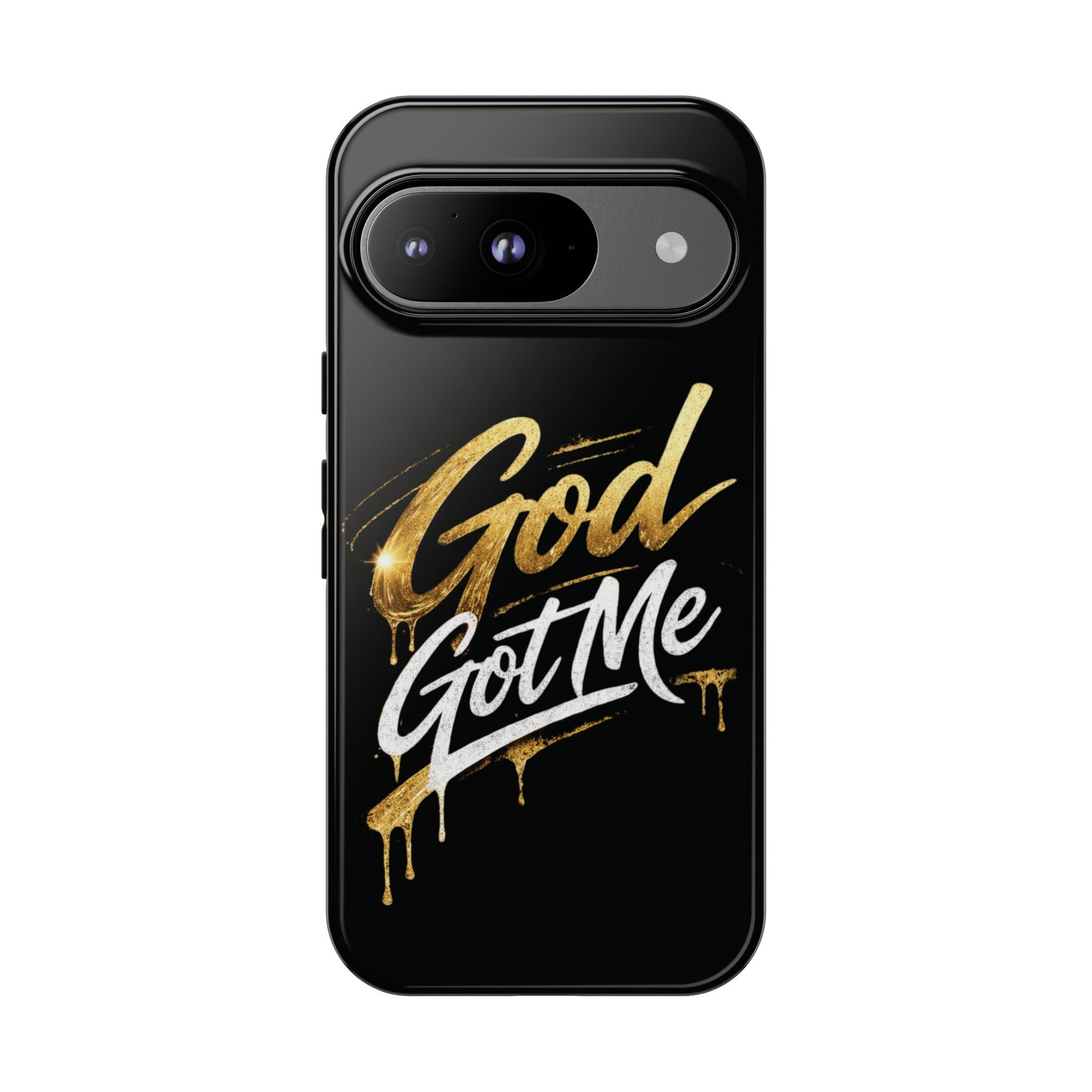 God Got Me phone case | Script gold drip typography on black