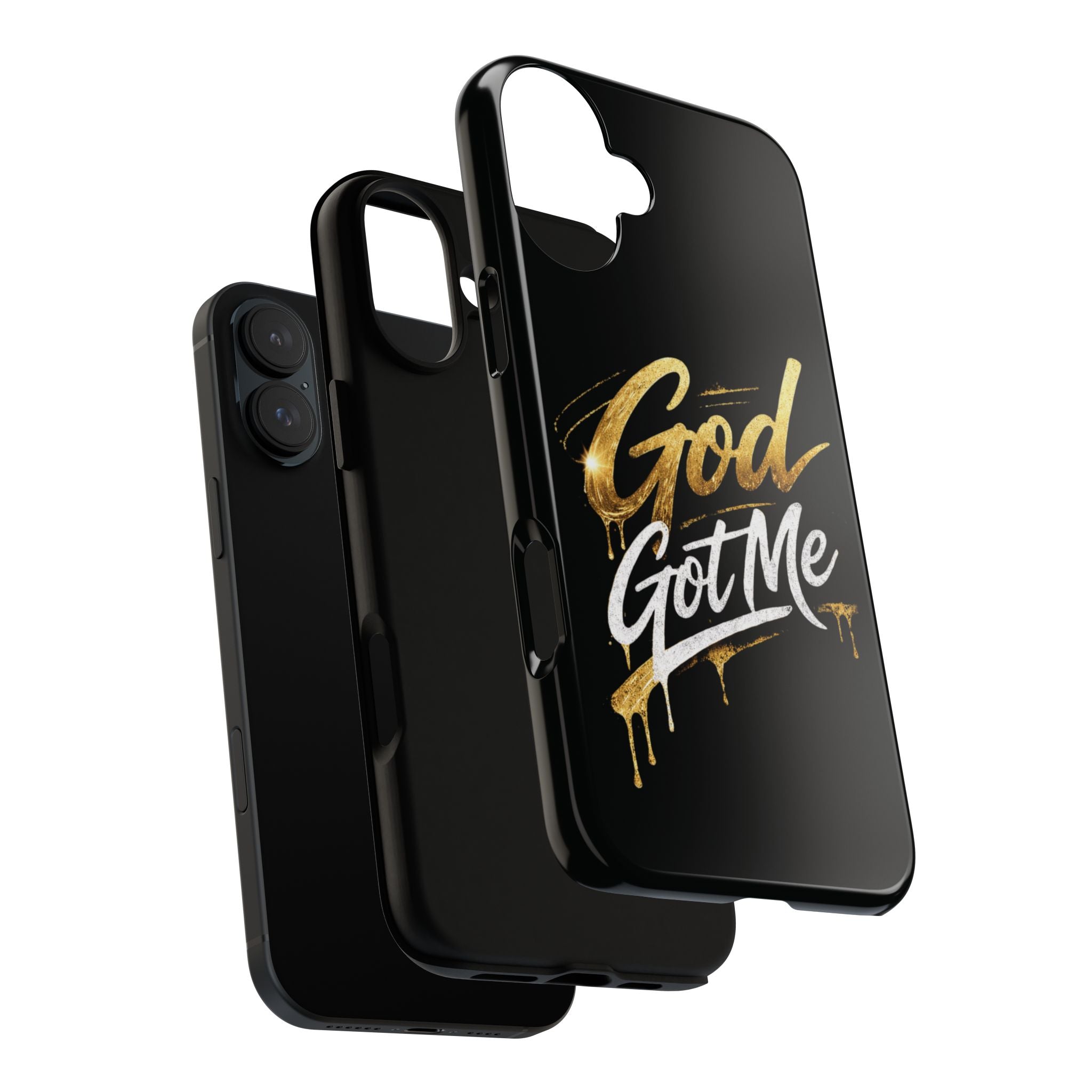 God Got Me phone case | Script gold drip typography on black