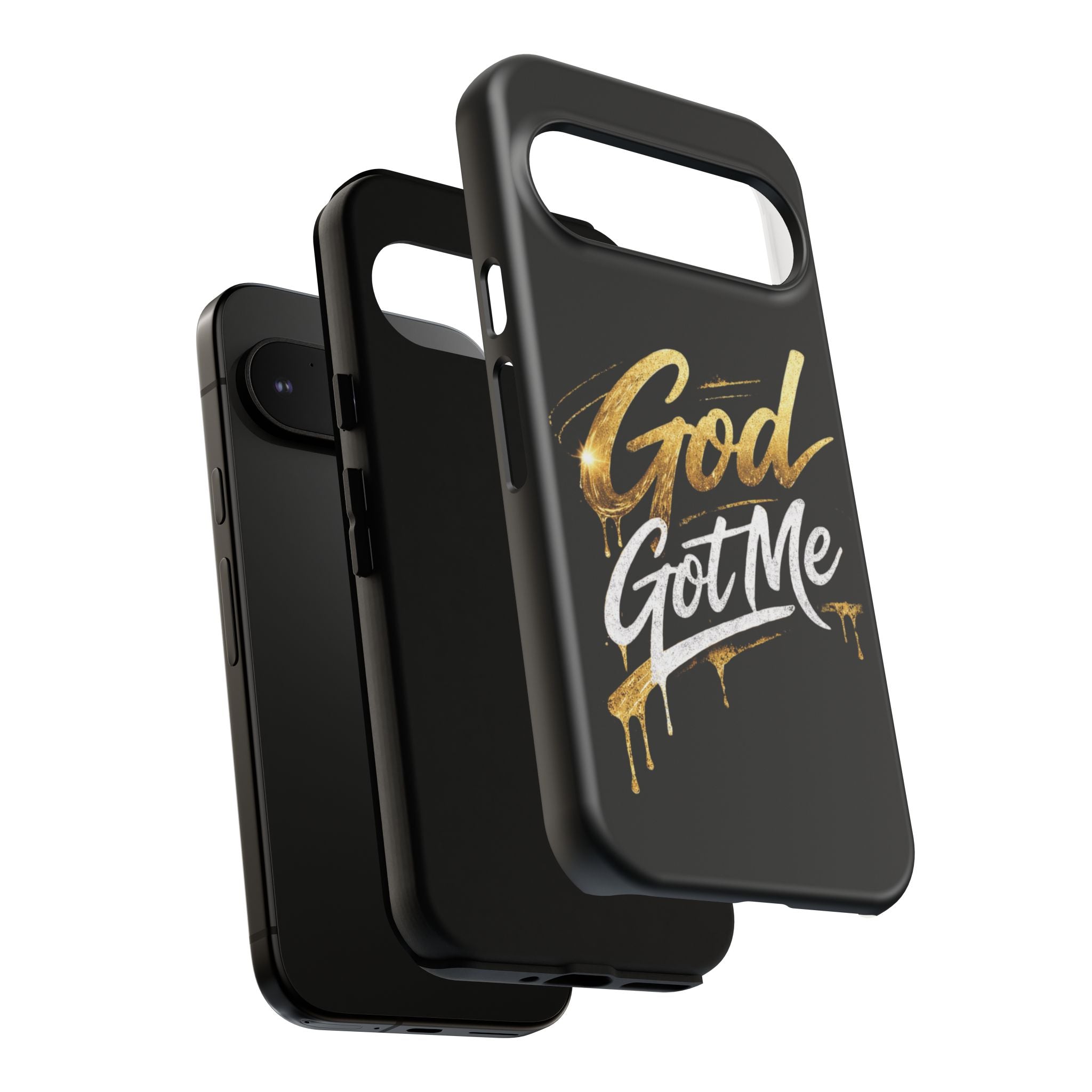 God Got Me phone case | Script gold drip typography on black