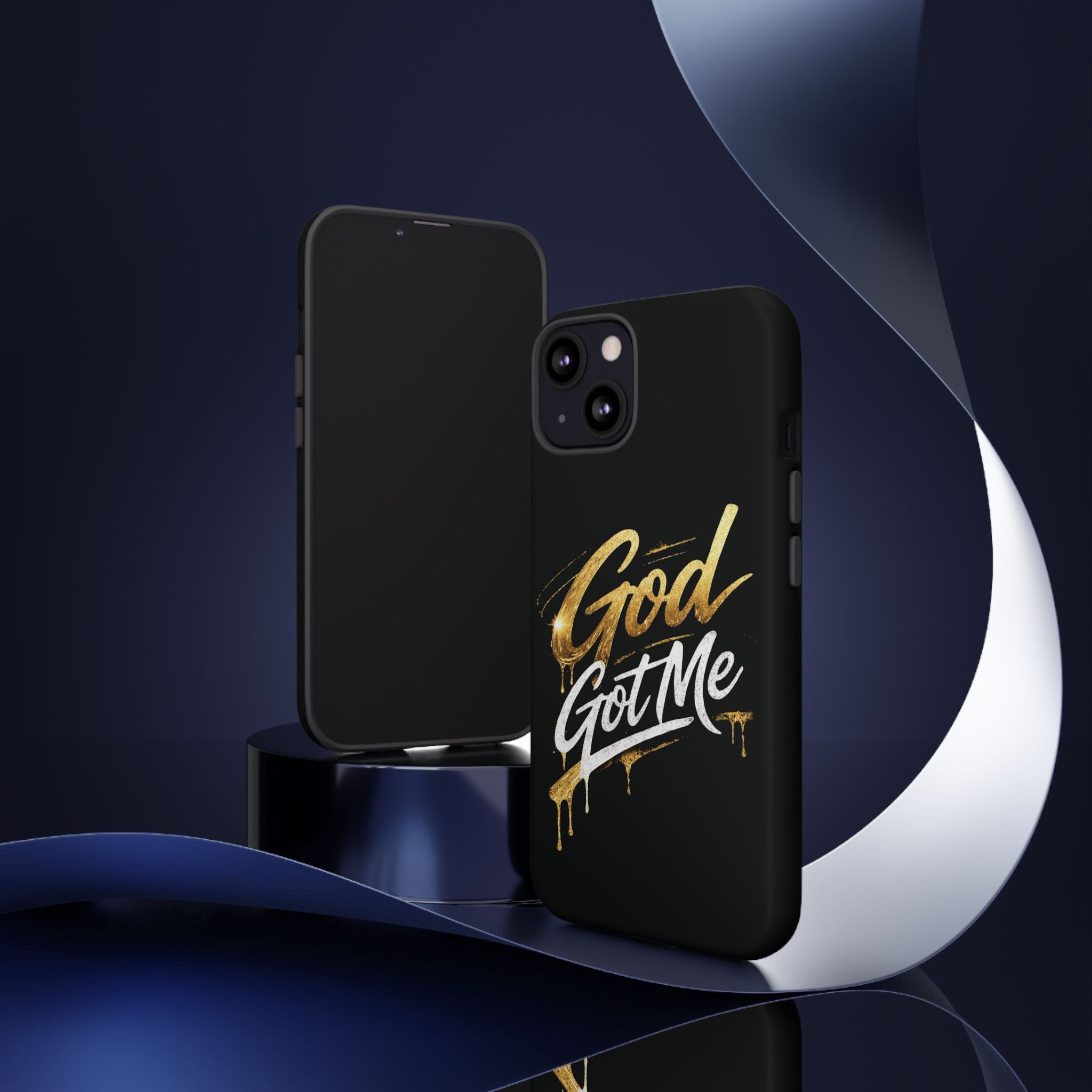 God Got Me phone case | Script gold drip typography on black