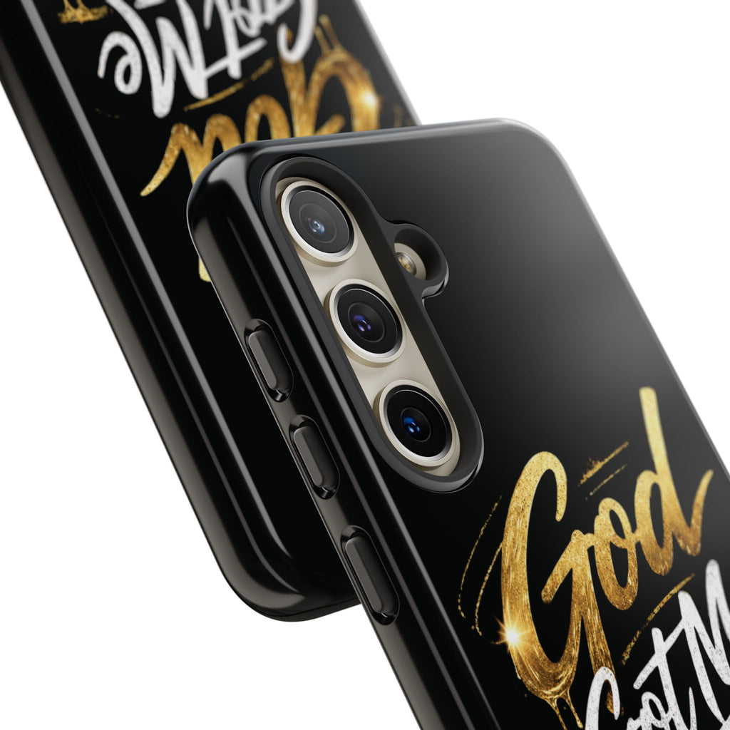 God Got Me phone case | Script gold drip typography on black