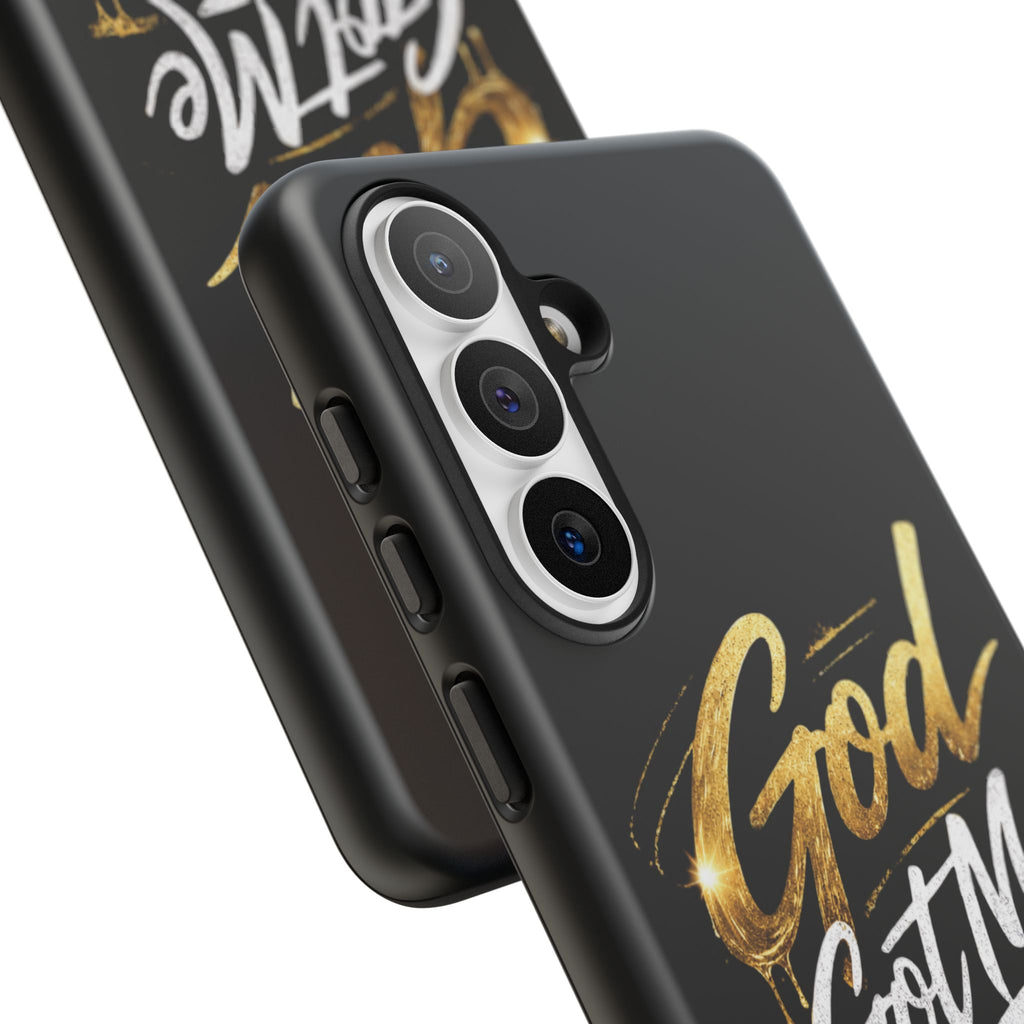 God Got Me phone case | Script gold drip typography on black