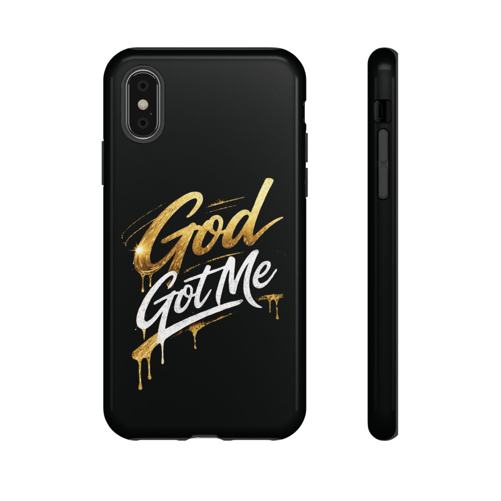 God Got Me phone case | Script gold drip typography on black