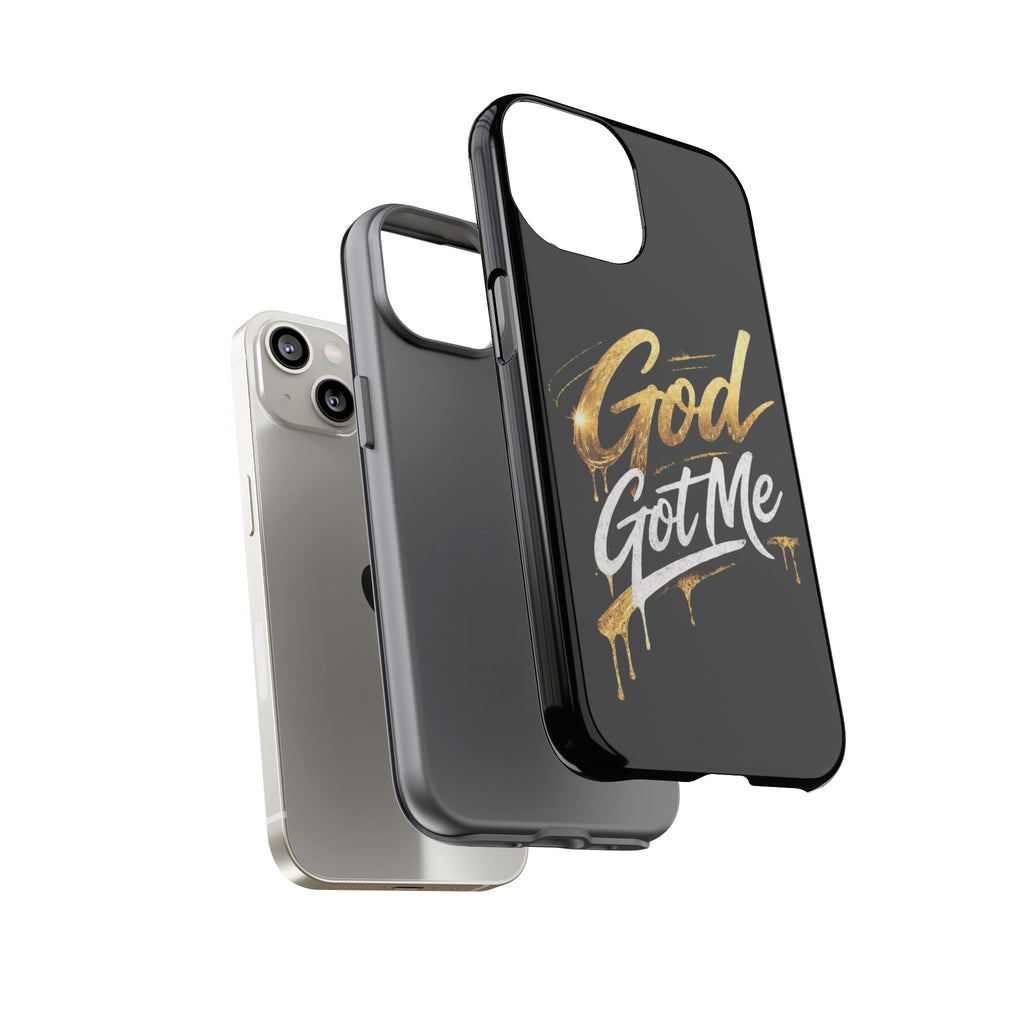 God Got Me phone case | Script gold drip typography on black