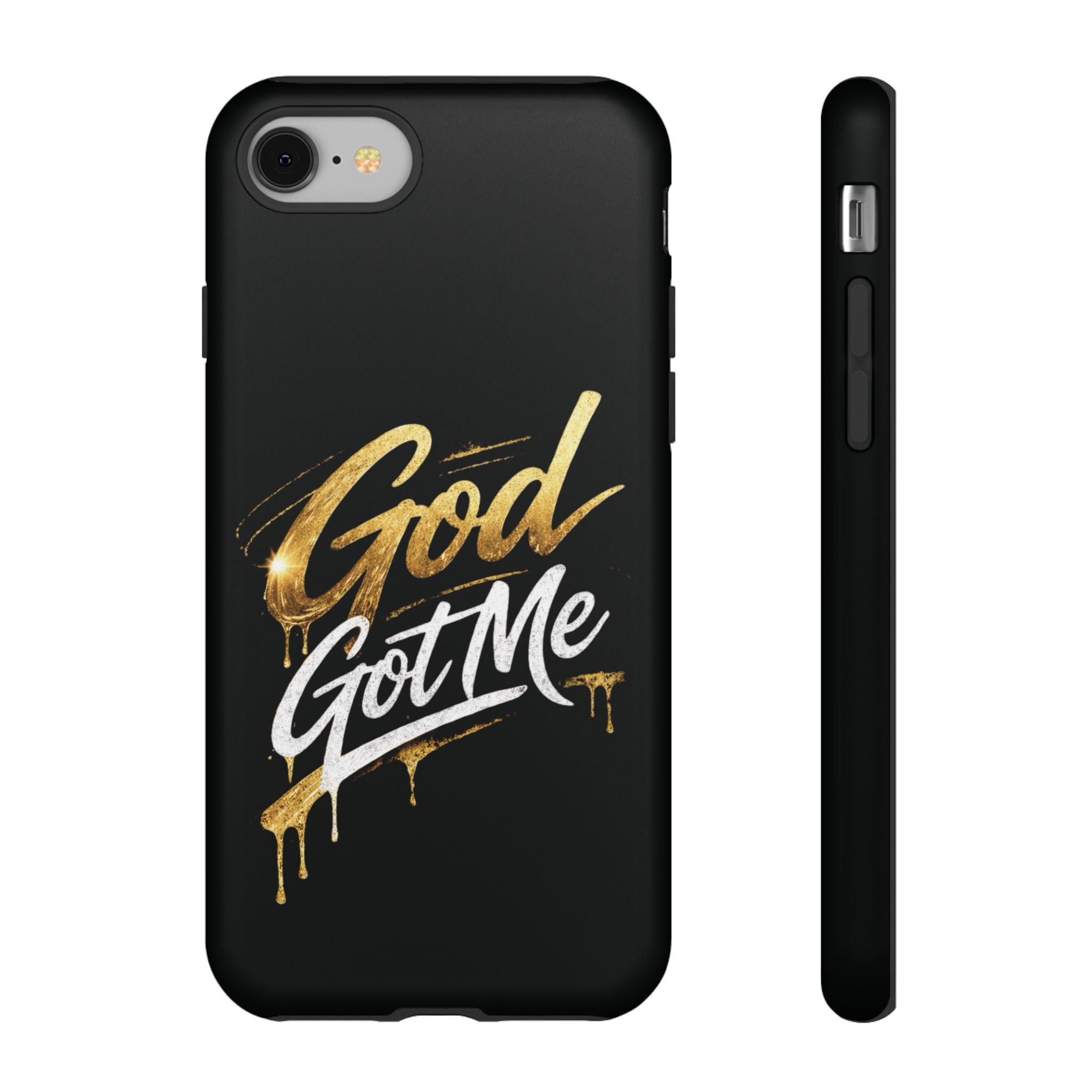 God Got Me phone case | Script gold drip typography on black