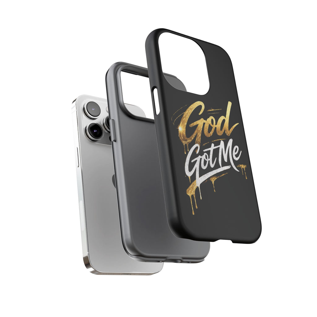 God Got Me phone case | Script gold drip typography on black