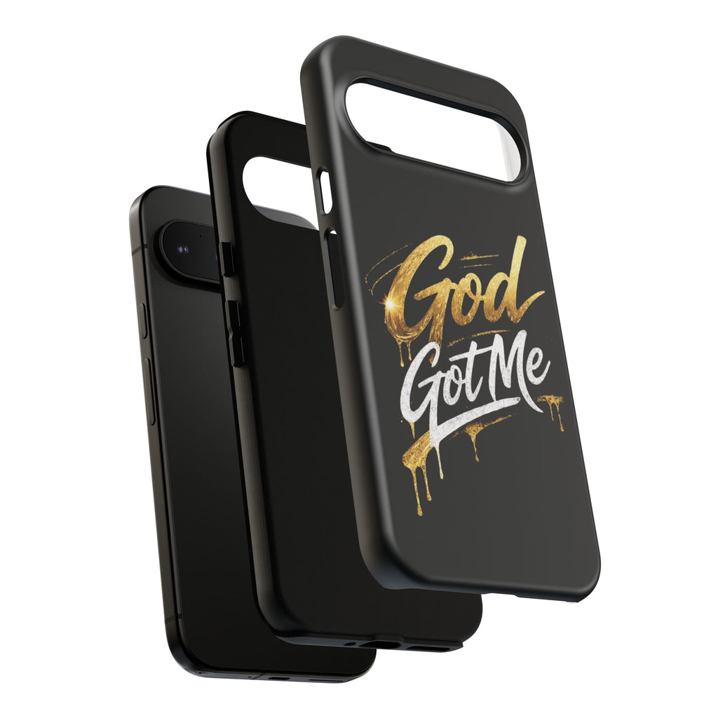 God Got Me phone case | Script gold drip typography on black