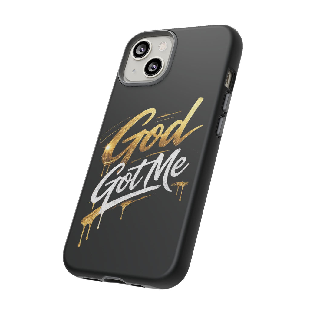 God Got Me phone case | Script gold drip typography on black