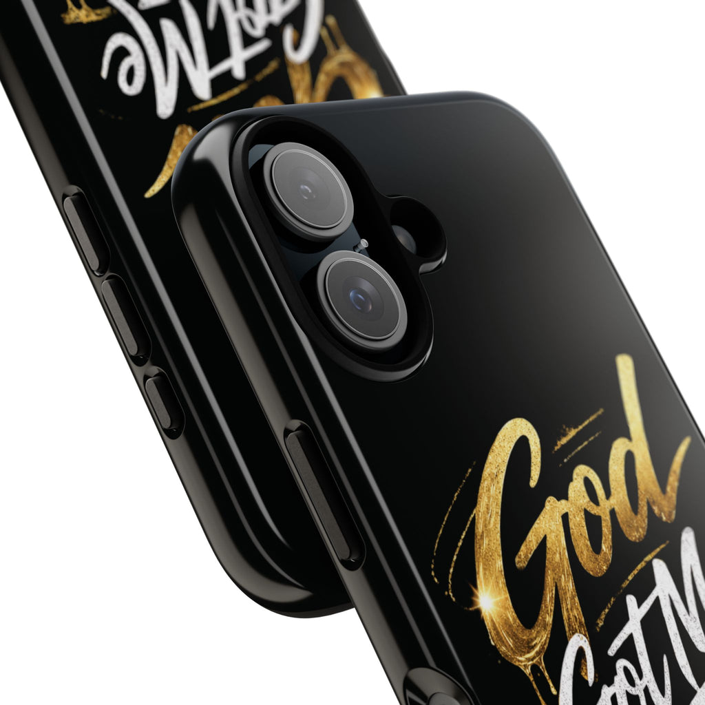God Got Me phone case | Script gold drip typography on black