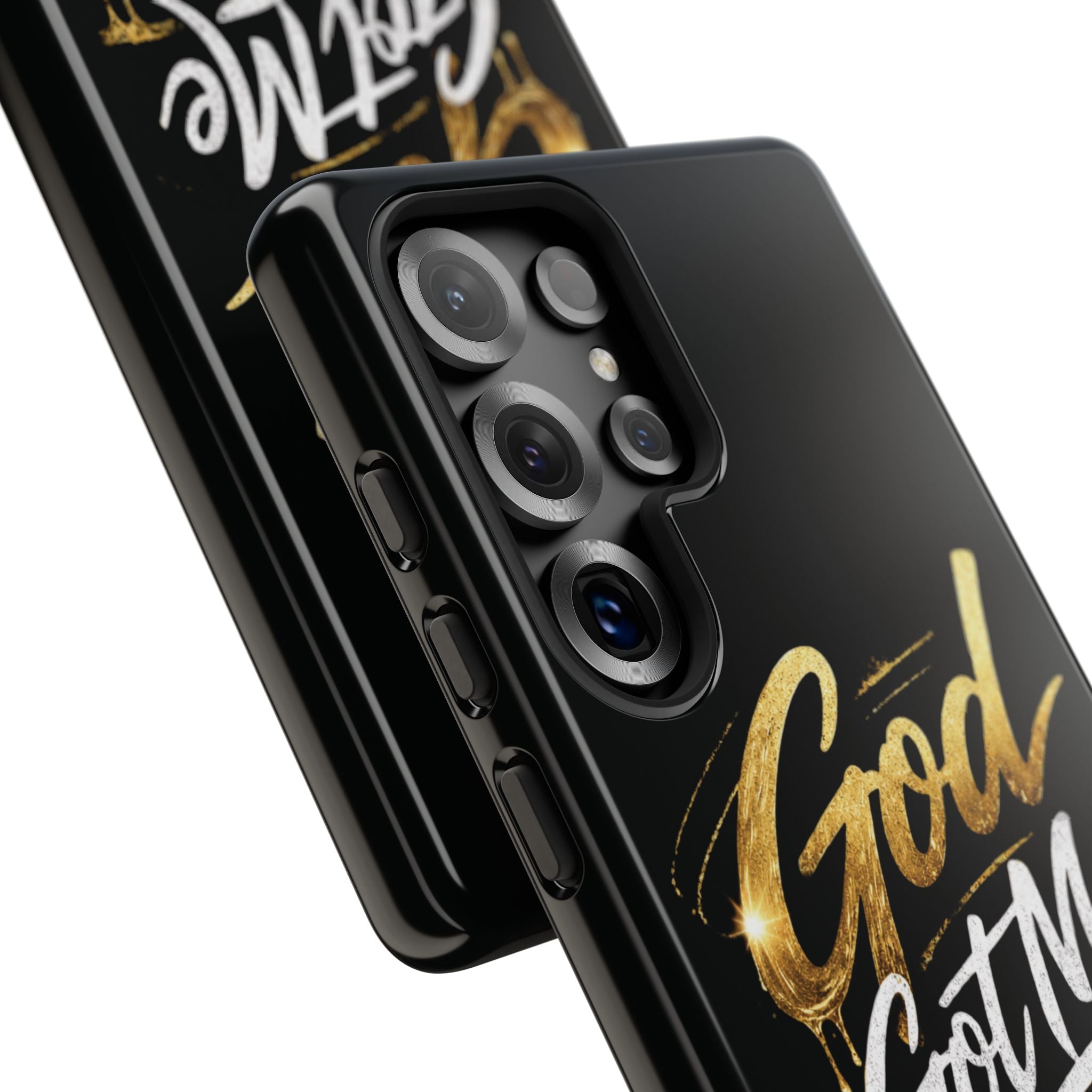 God Got Me phone case | Script gold drip typography on black