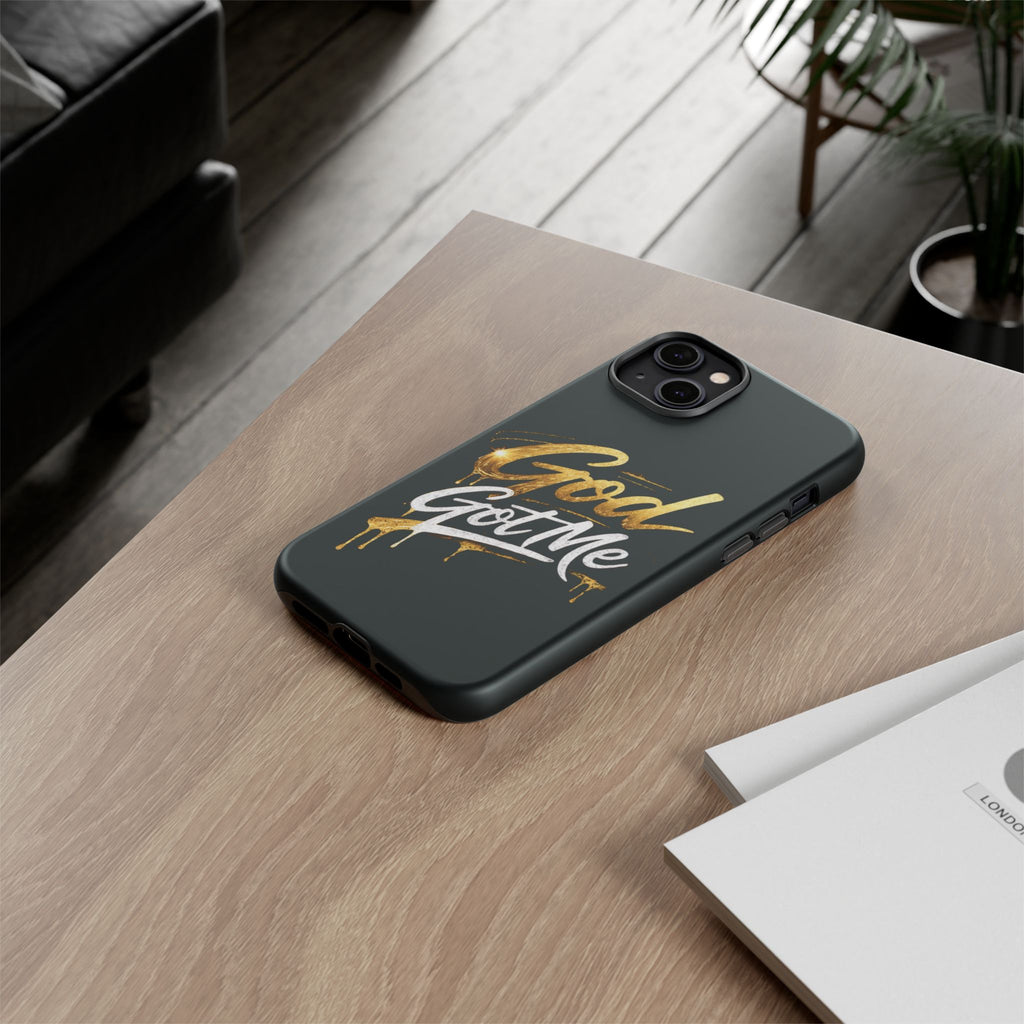 God Got Me phone case | Script gold drip typography on black