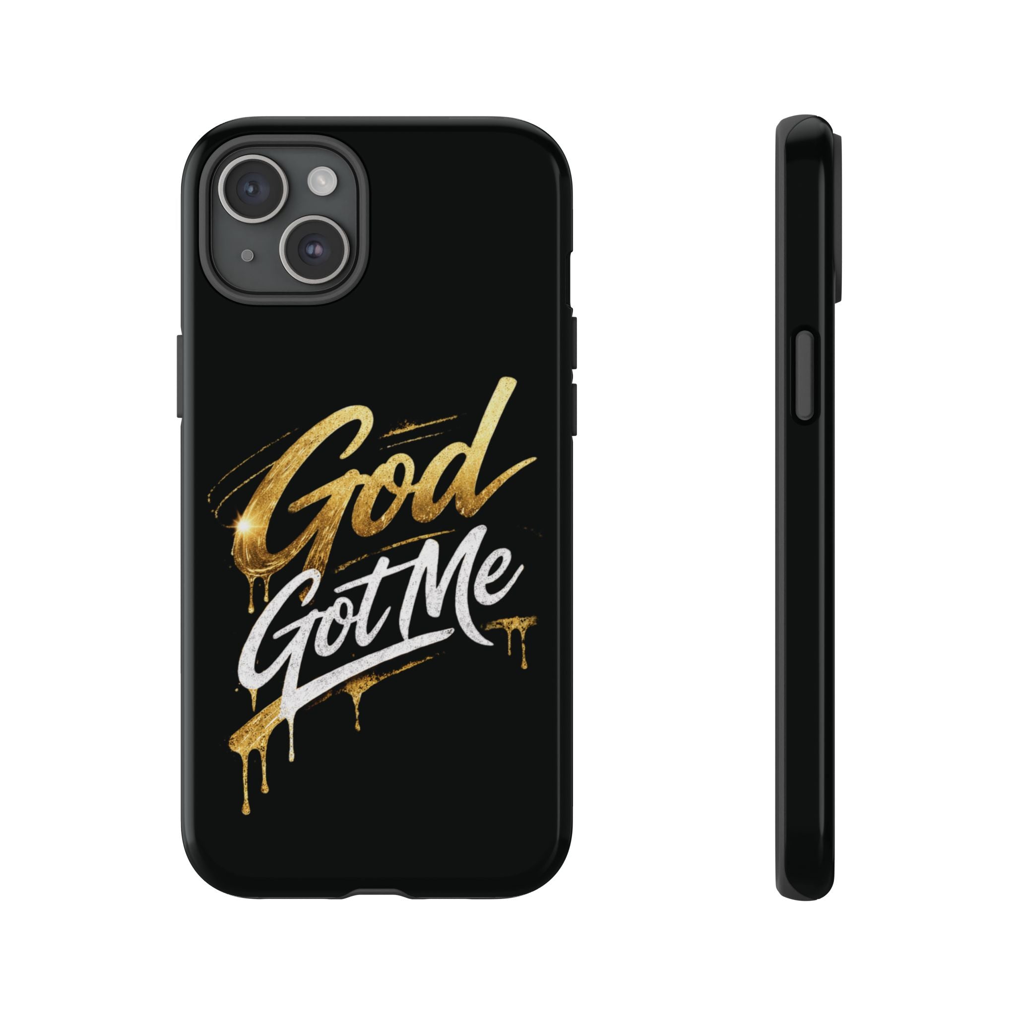 God Got Me phone case | Script gold drip typography on black