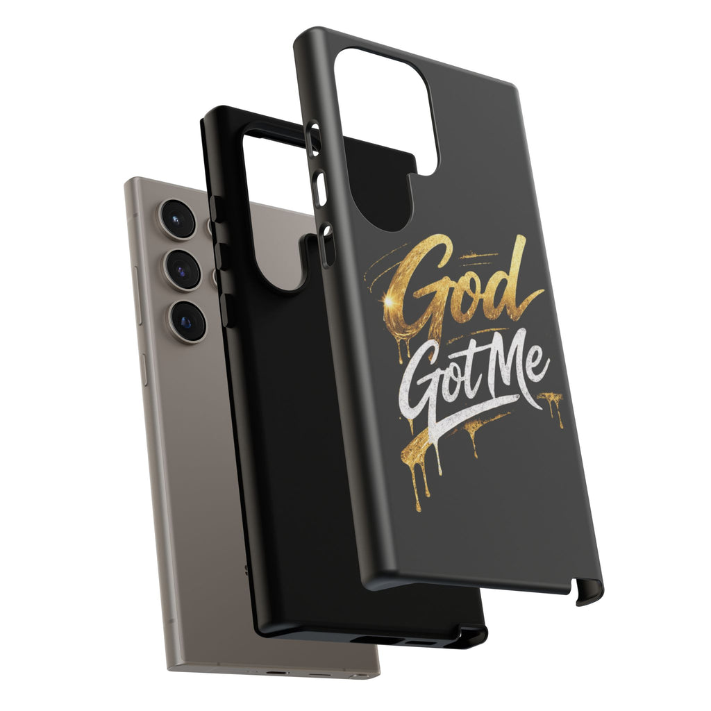 God Got Me phone case | Script gold drip typography on black