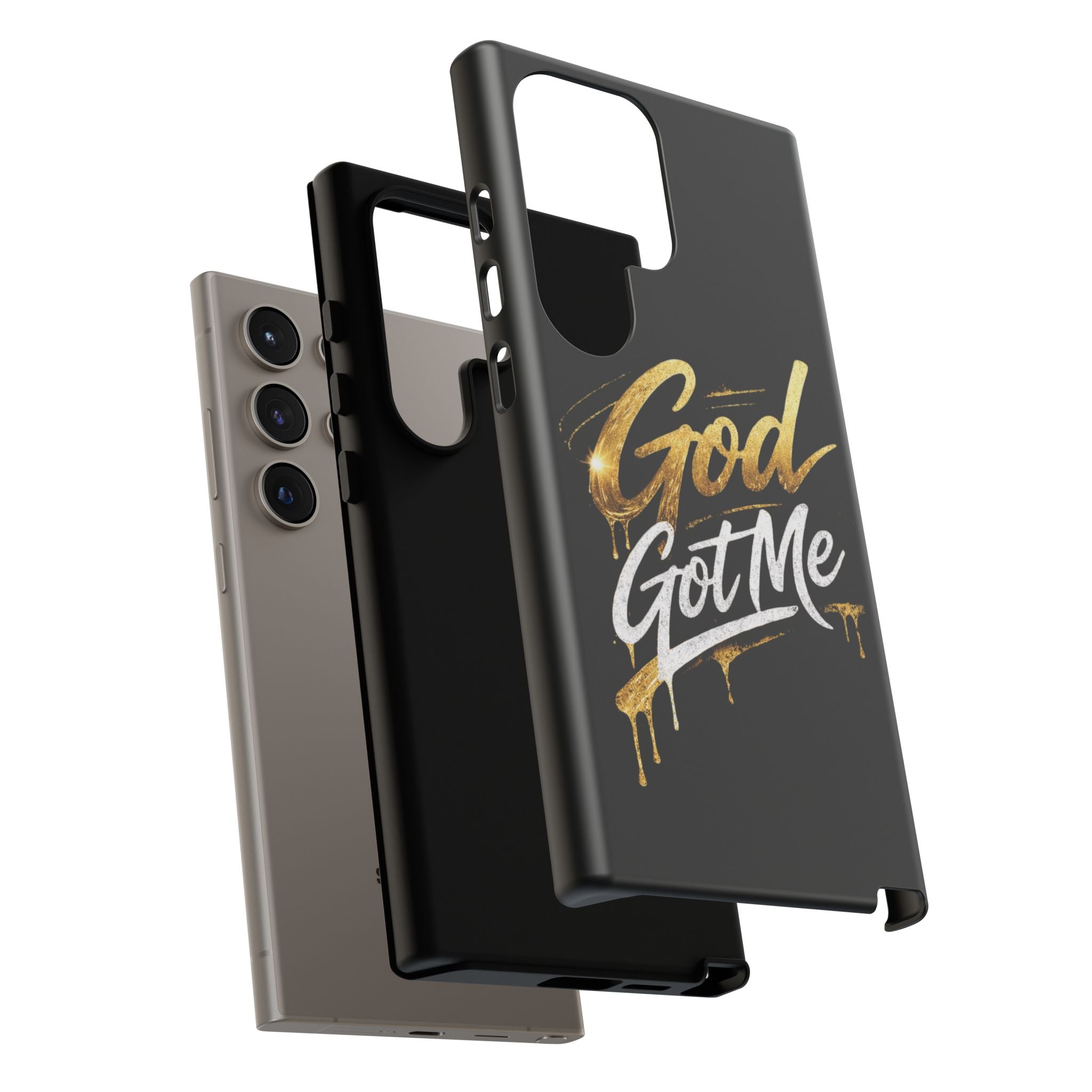 God Got Me phone case | Script gold drip typography on black