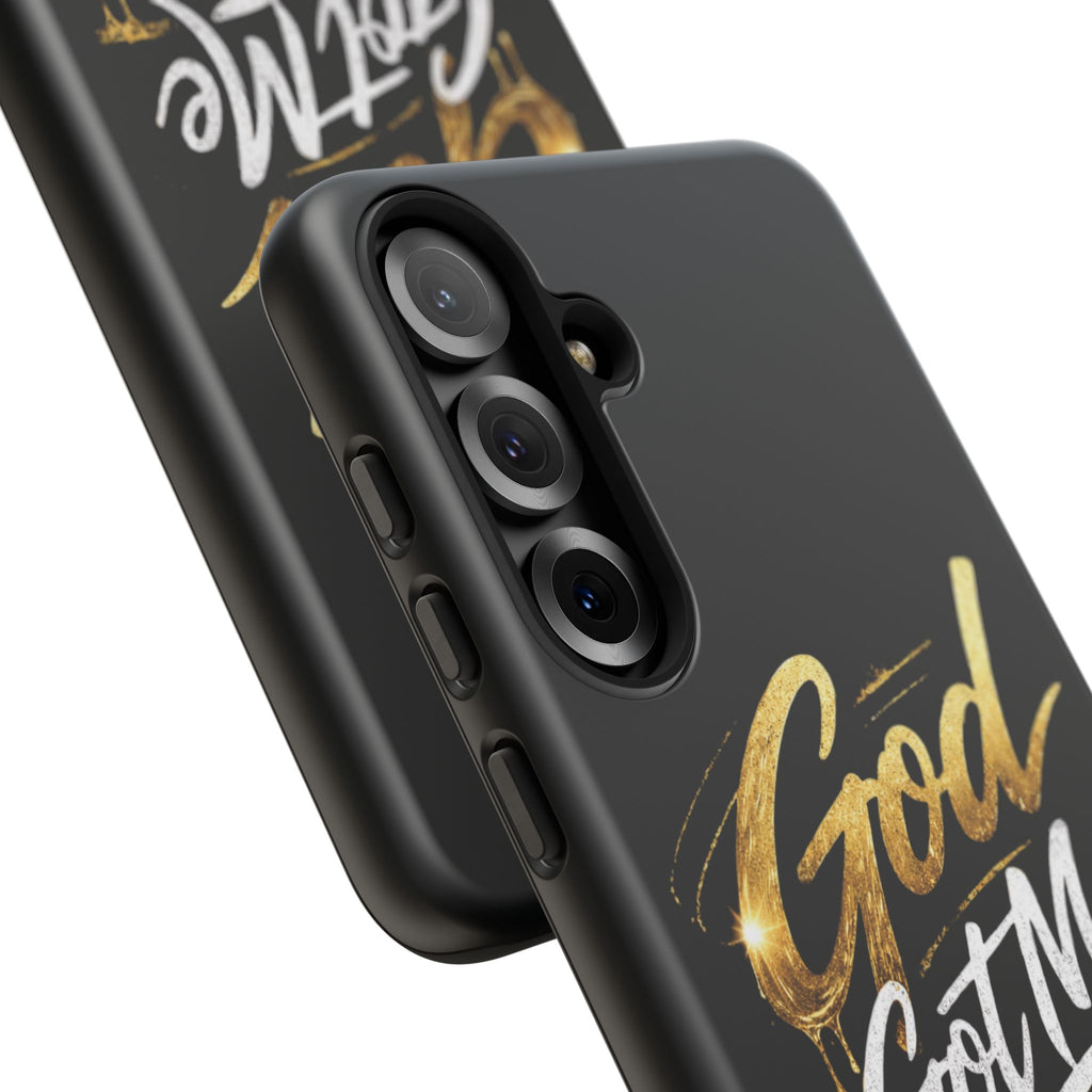 God Got Me phone case | Script gold drip typography on black