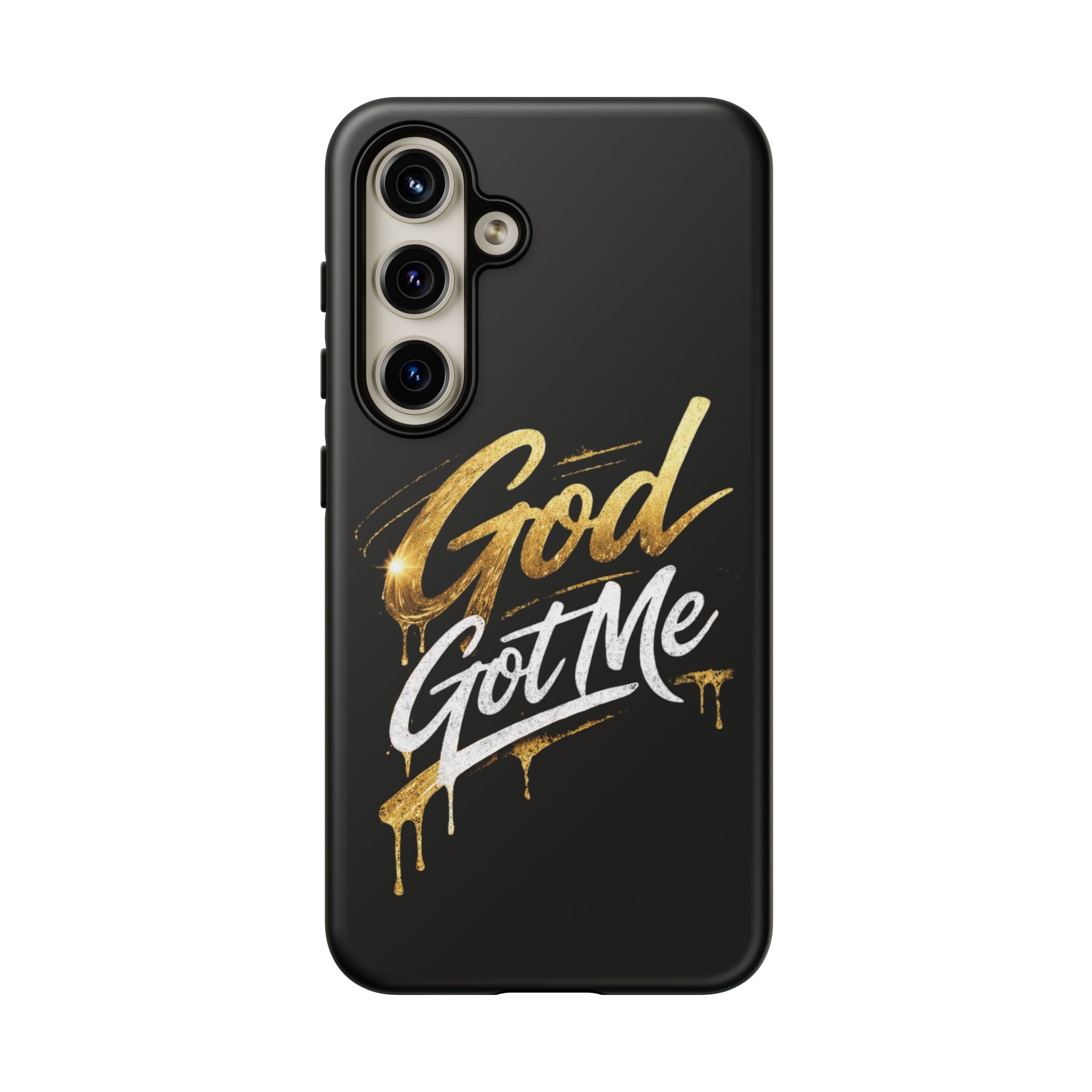 God Got Me phone case | Script gold drip typography on black