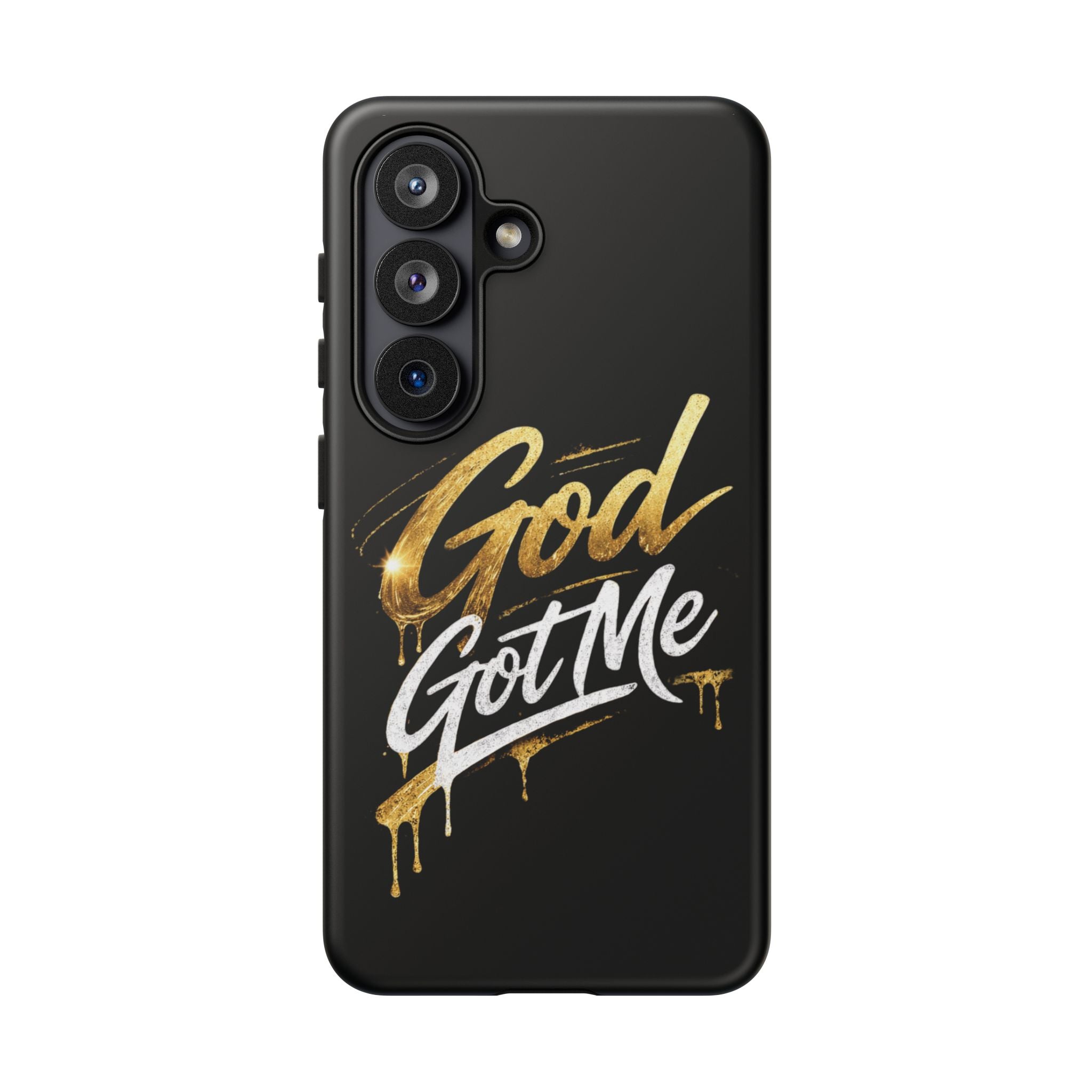 God Got Me phone case | Script gold drip typography on black