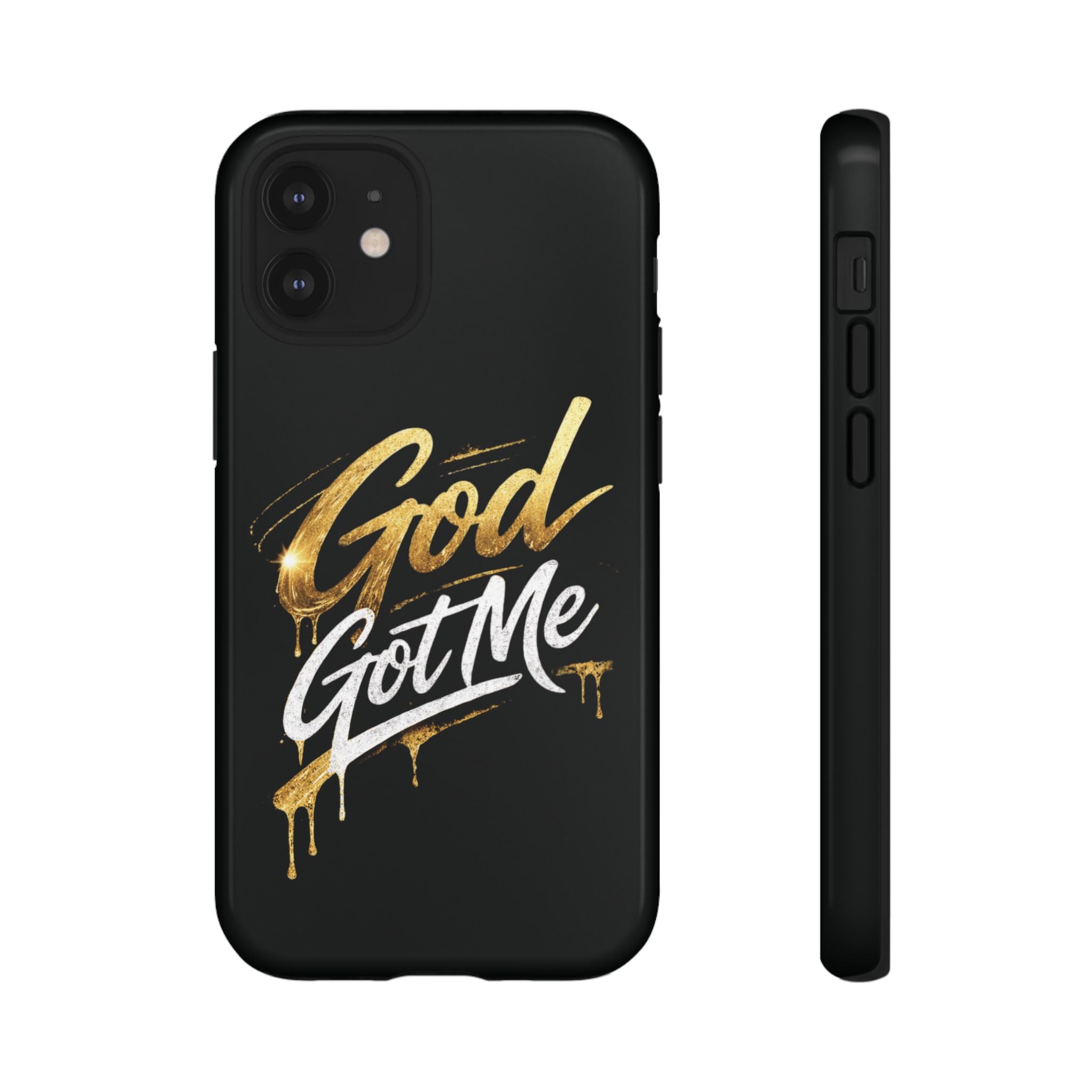 God Got Me phone case | Script gold drip typography on black