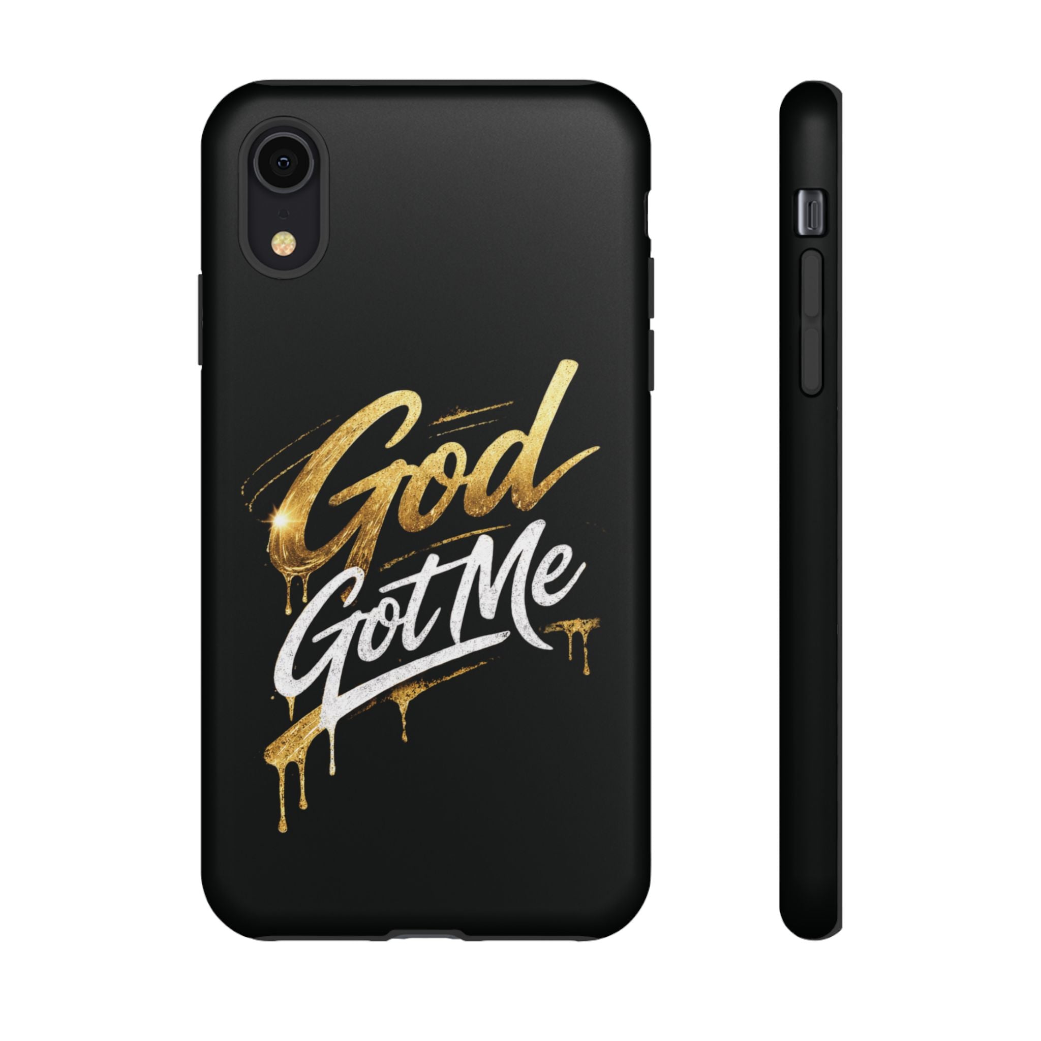 God Got Me phone case | Script gold drip typography on black