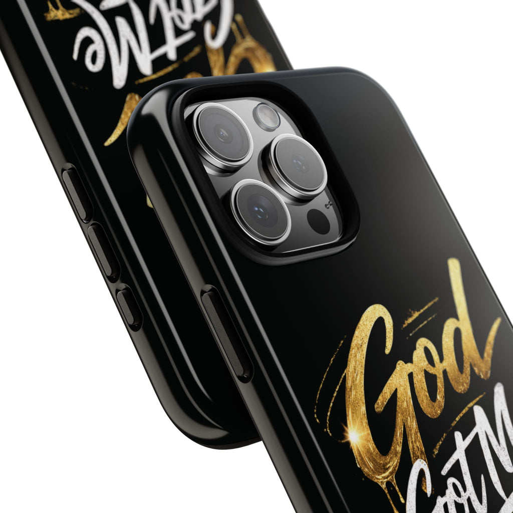 God Got Me phone case | Script gold drip typography on black