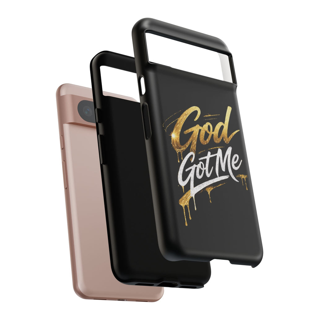 God Got Me phone case | Script gold drip typography on black